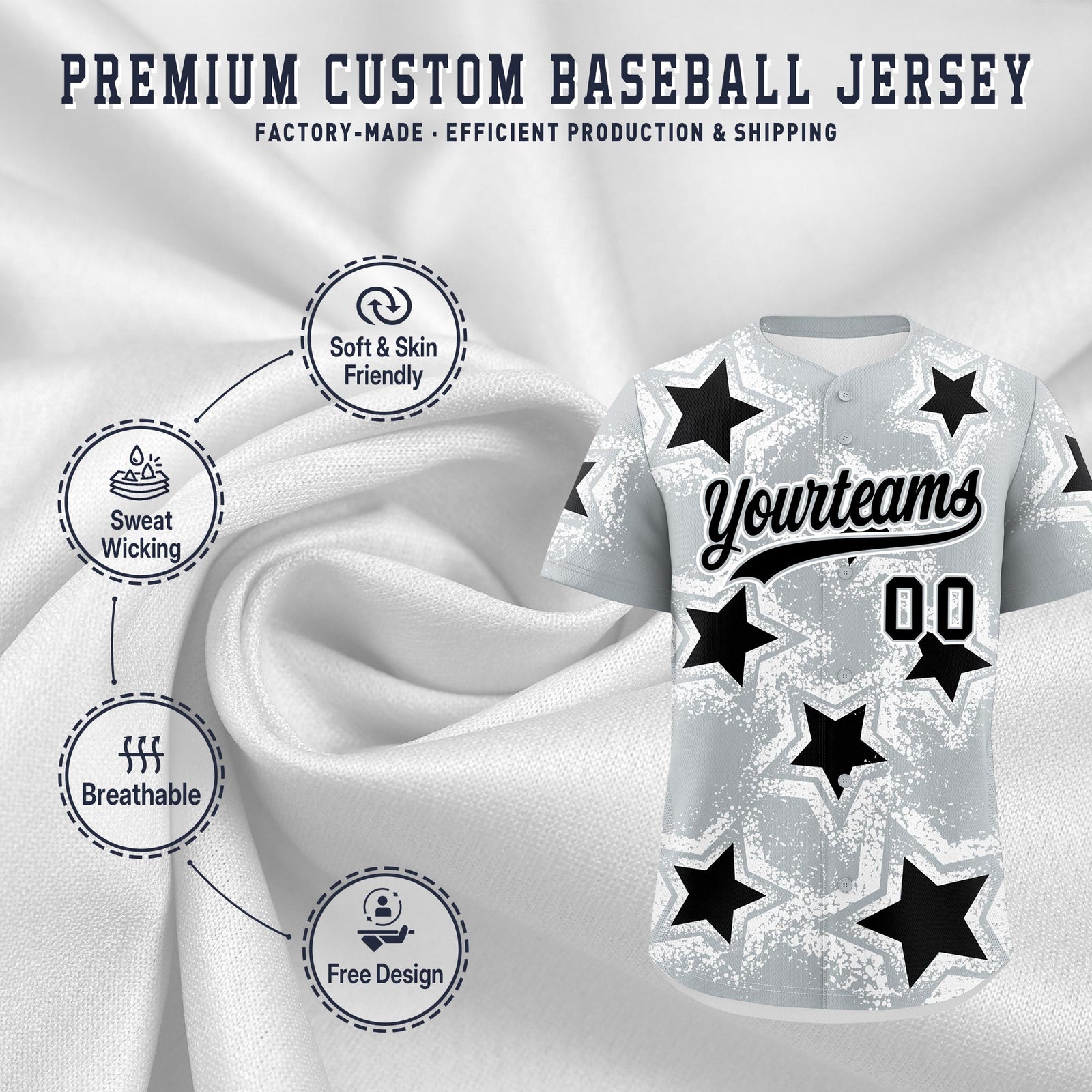 Custom Silver Black White Star Graffiti Team Baseball Jerseys With Custom Names, Numbers & Logos Stretch Fabric Baseball Jersey| KXKSHOP