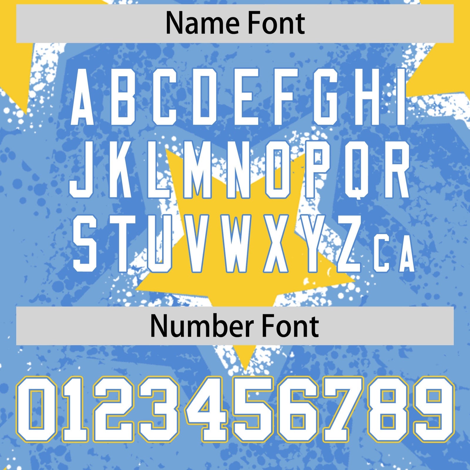 Custom Light Blue Gold White Star Graffiti Team Baseball Jerseys With Custom Names, Numbers & Logos Stretch Fabric Baseball Jersey| KXKSHOP
