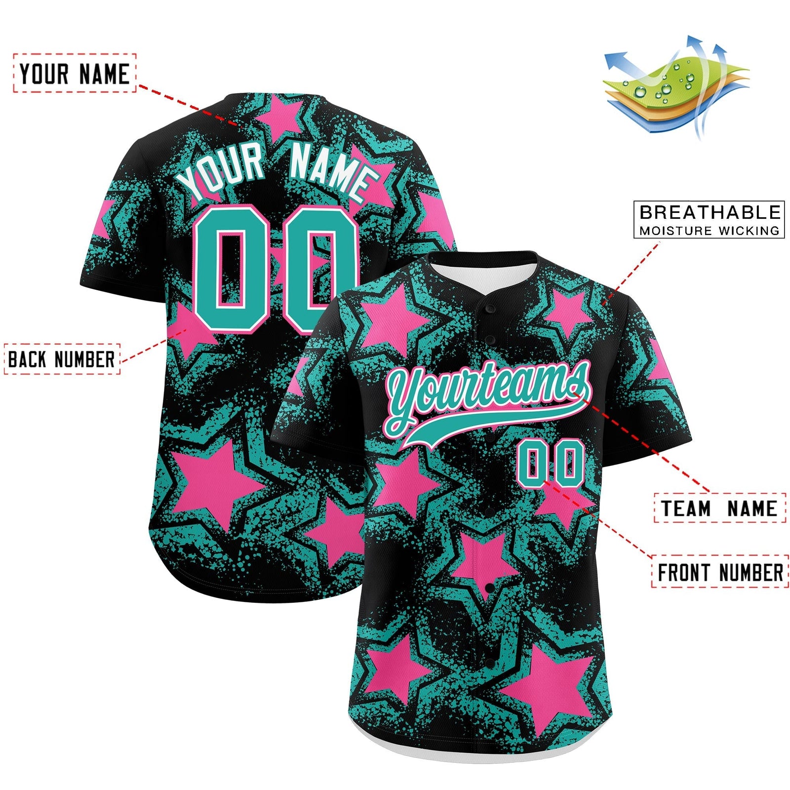 Custom Black Aqua Pink Star Graffiti Team Baseball Jerseys With Custom Names, Numbers & Logos Lightweight Baseball Jersey| KXKSHOP