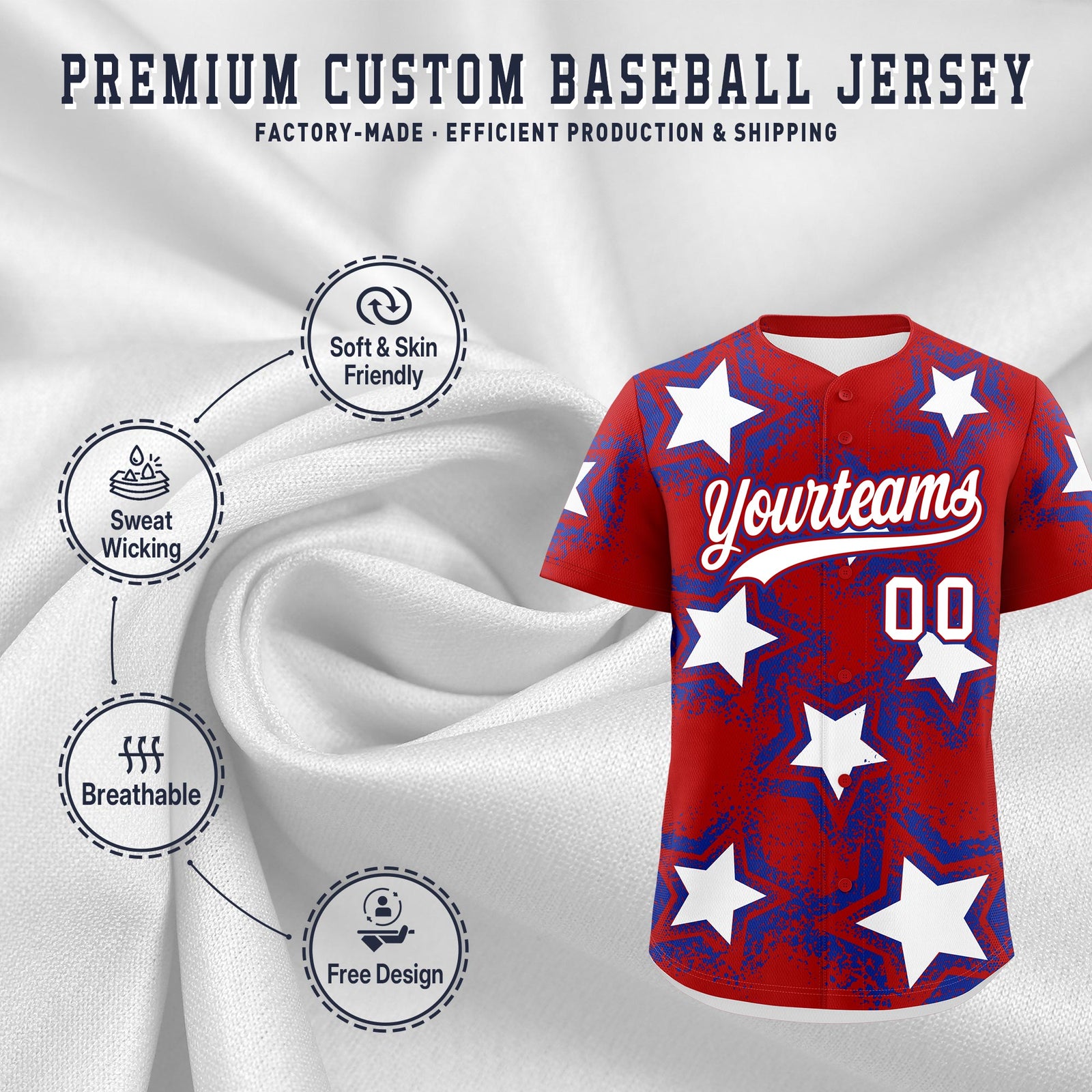 Custom Red Royal Blue White Star Graffiti Team Baseball Jerseys With Custom Names, Numbers & Logos Lightweight Baseball Jersey| KXKSHOP