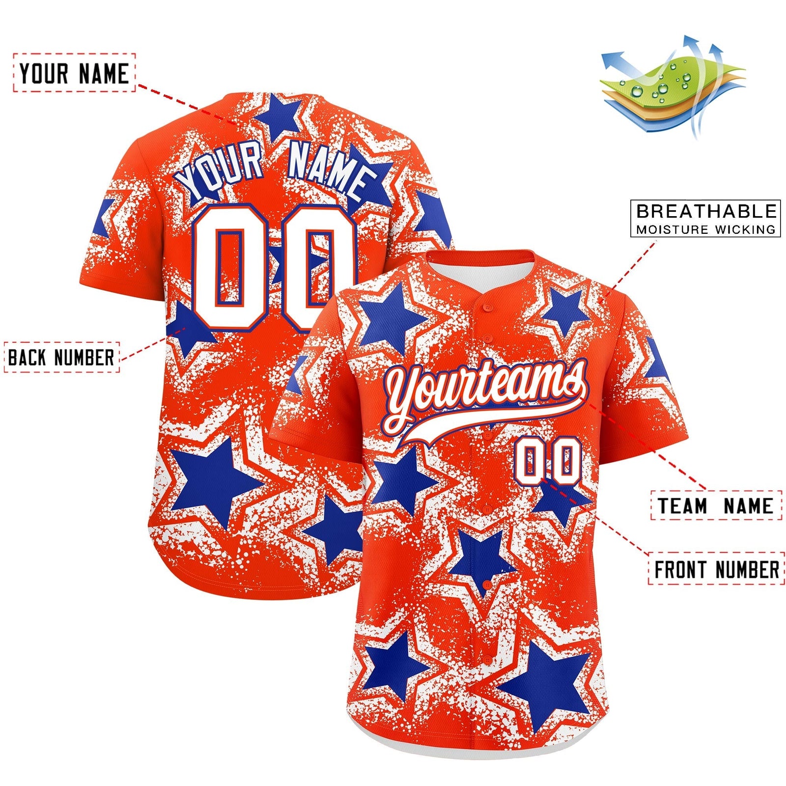 Custom Orange White Royal Blue Star Graffiti Team Baseball Jerseys With Custom Names, Numbers & Logos Lightweight Baseball Jersey| KXKSHOP