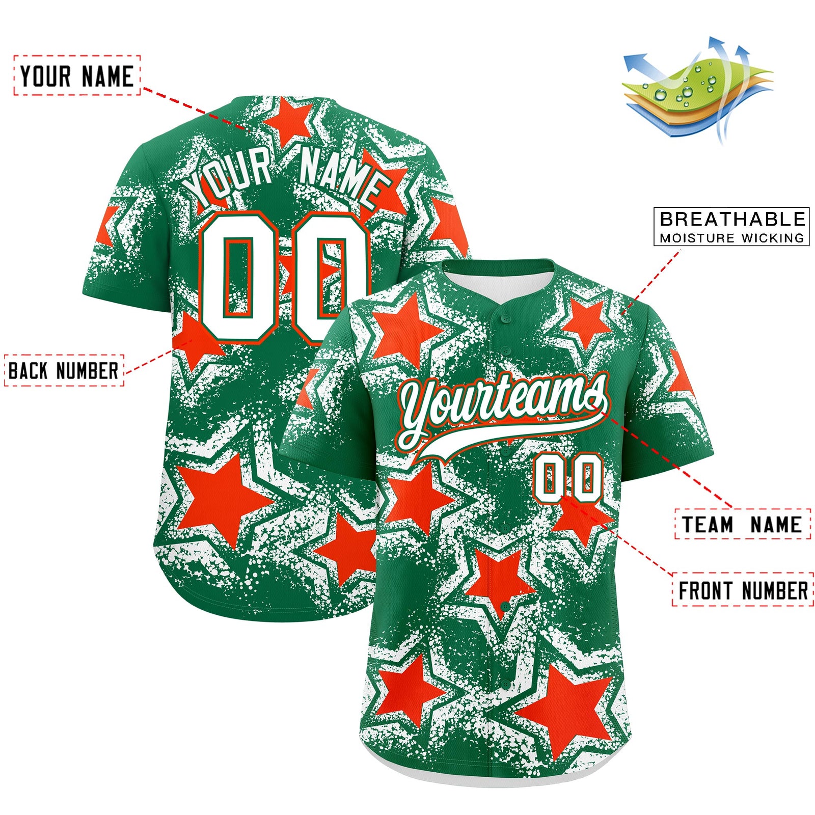 Custom Kelly Green White Orange Star Graffiti Team Baseball Jerseys With Custom Names, Numbers & Logos Stretch Fabric Baseball Jersey| KXKSHOP