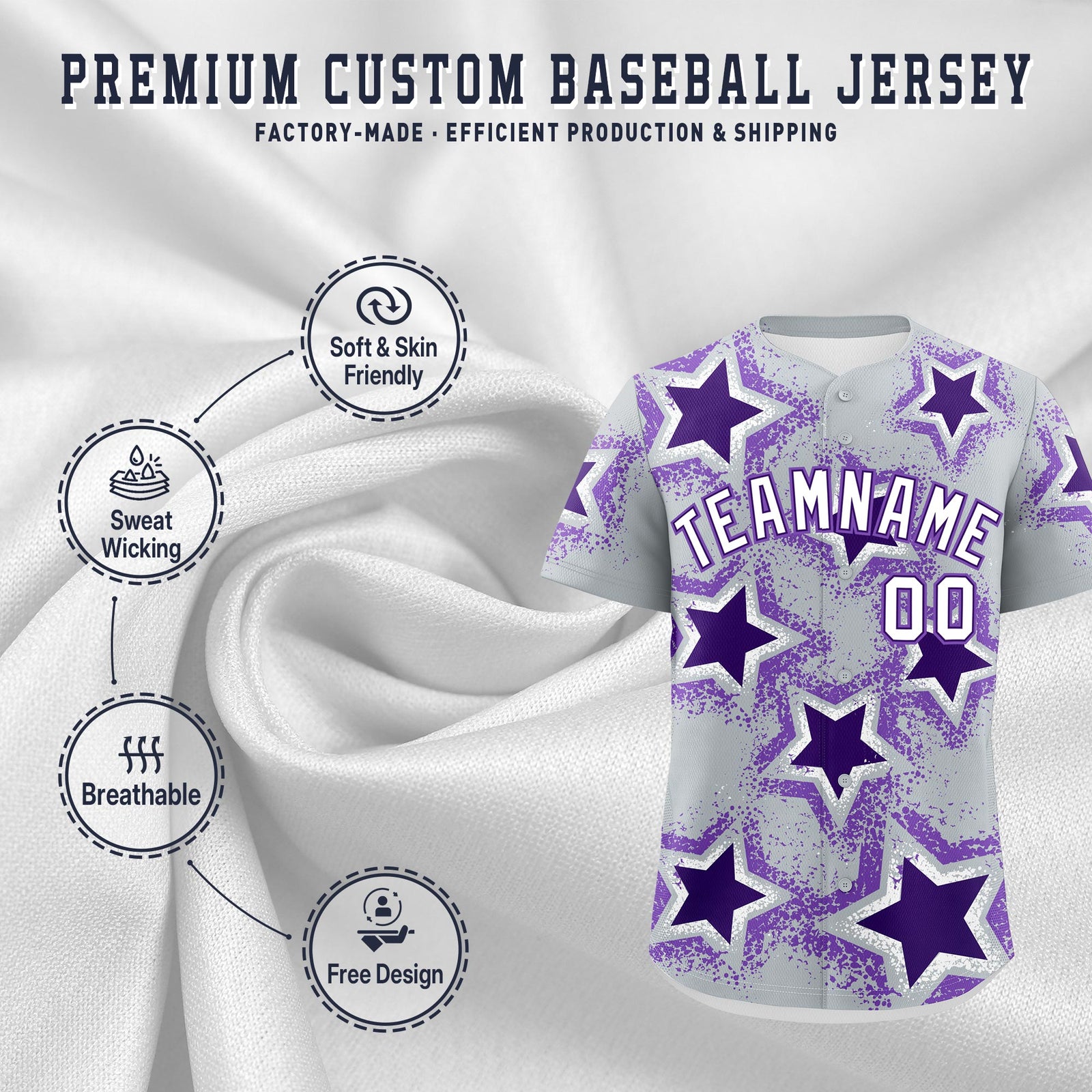 Custom Silver Purple White Star Graffiti Team Baseball Jerseys With Custom Names, Numbers & Logos Lightweight Baseball Jersey| KXKSHOP