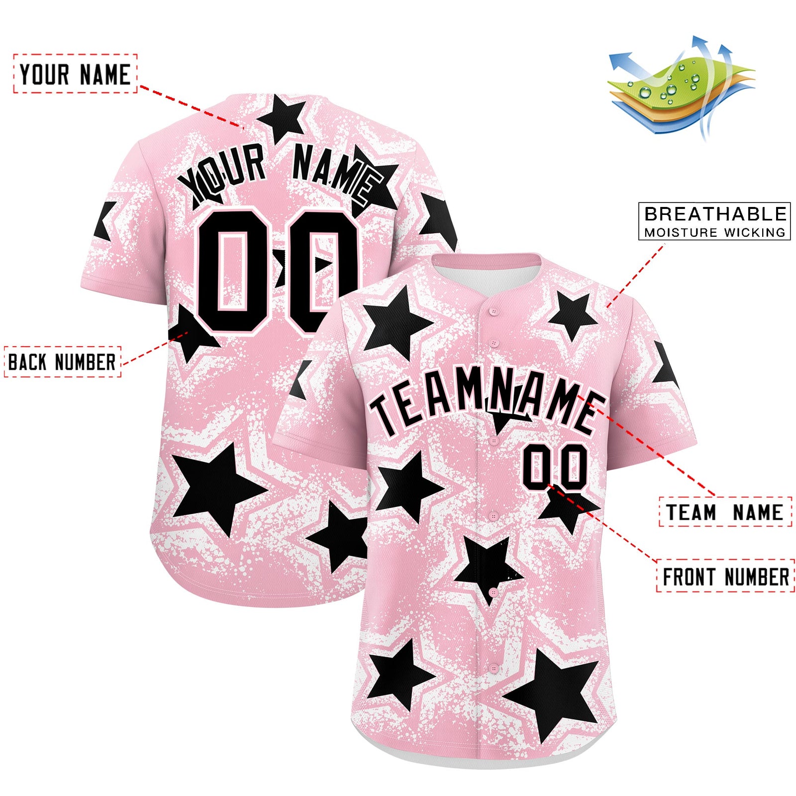 Custom Light Pink White Black Star Graffiti Team Baseball Jerseys With Custom Names, Numbers & Logos Stretch Fabric Baseball Jersey| KXKSHOP