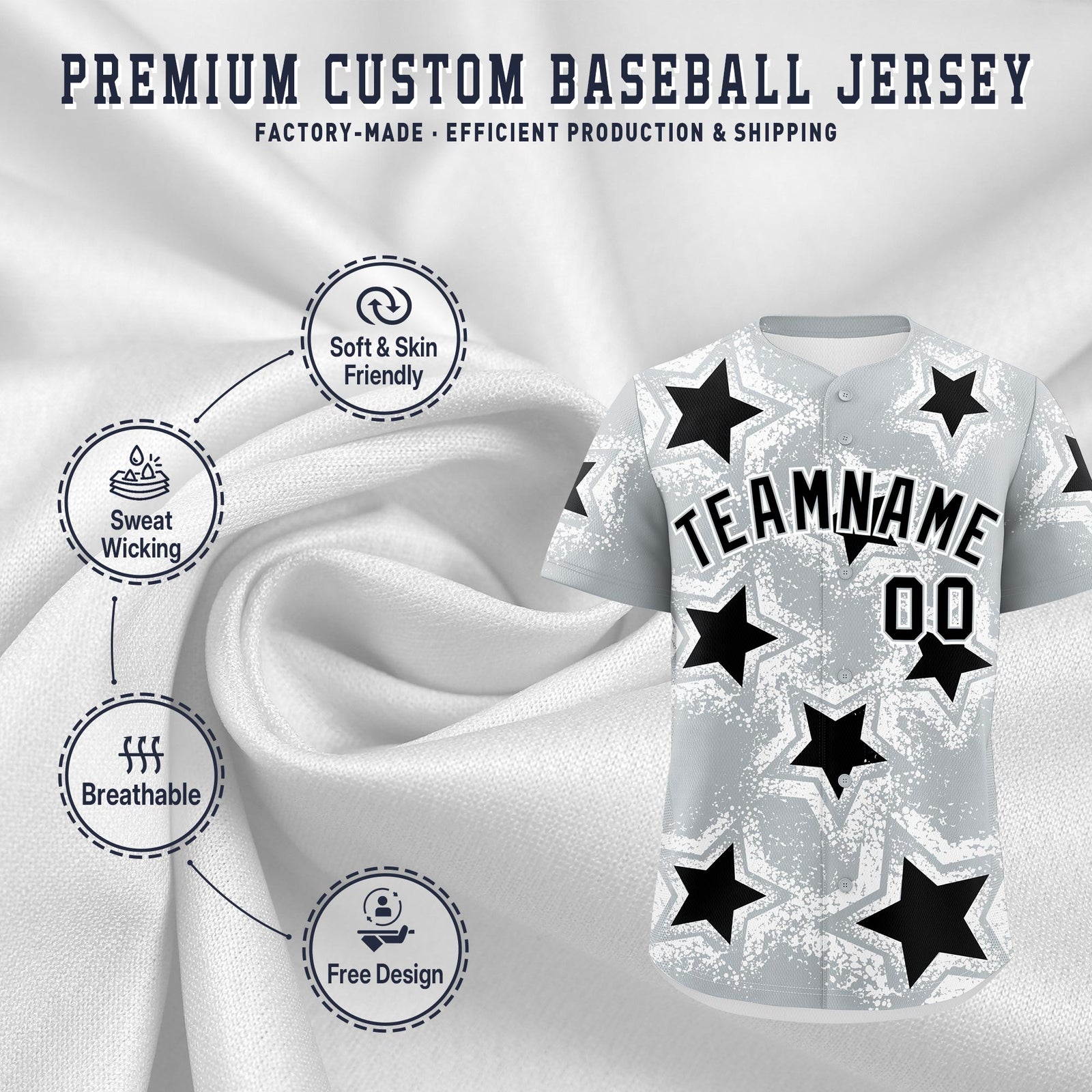 Custom Silver Black White Star Graffiti Team Baseball Jerseys With Custom Names, Numbers & Logos Stretch Fabric Baseball Jersey| KXKSHOP