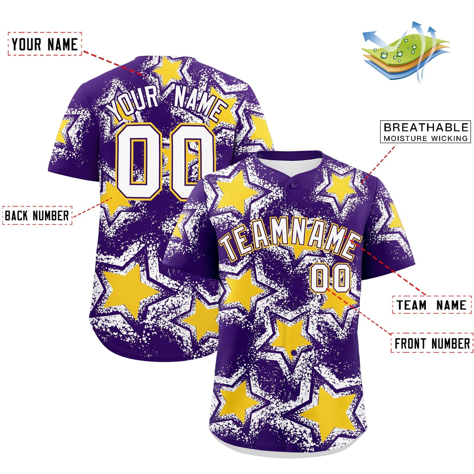 Custom Purple White Gold Star Graffiti Team Baseball Jerseys With Custom Names, Numbers & Logos Lightweight Baseball Jersey| KXKSHOP