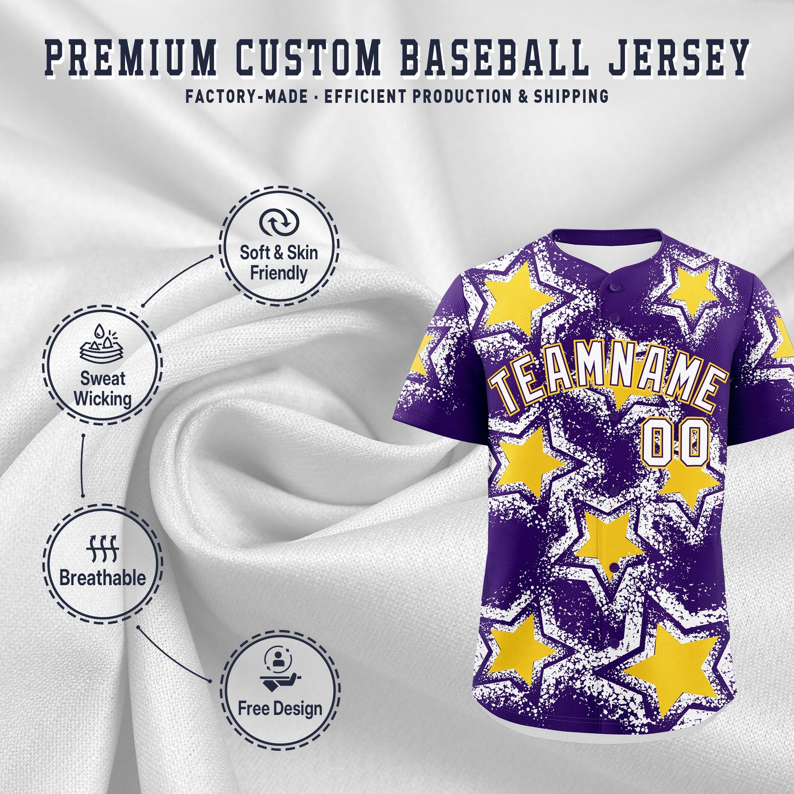 Custom Purple White Gold Star Graffiti Team Baseball Jerseys With Custom Names, Numbers & Logos Lightweight Baseball Jersey| KXKSHOP