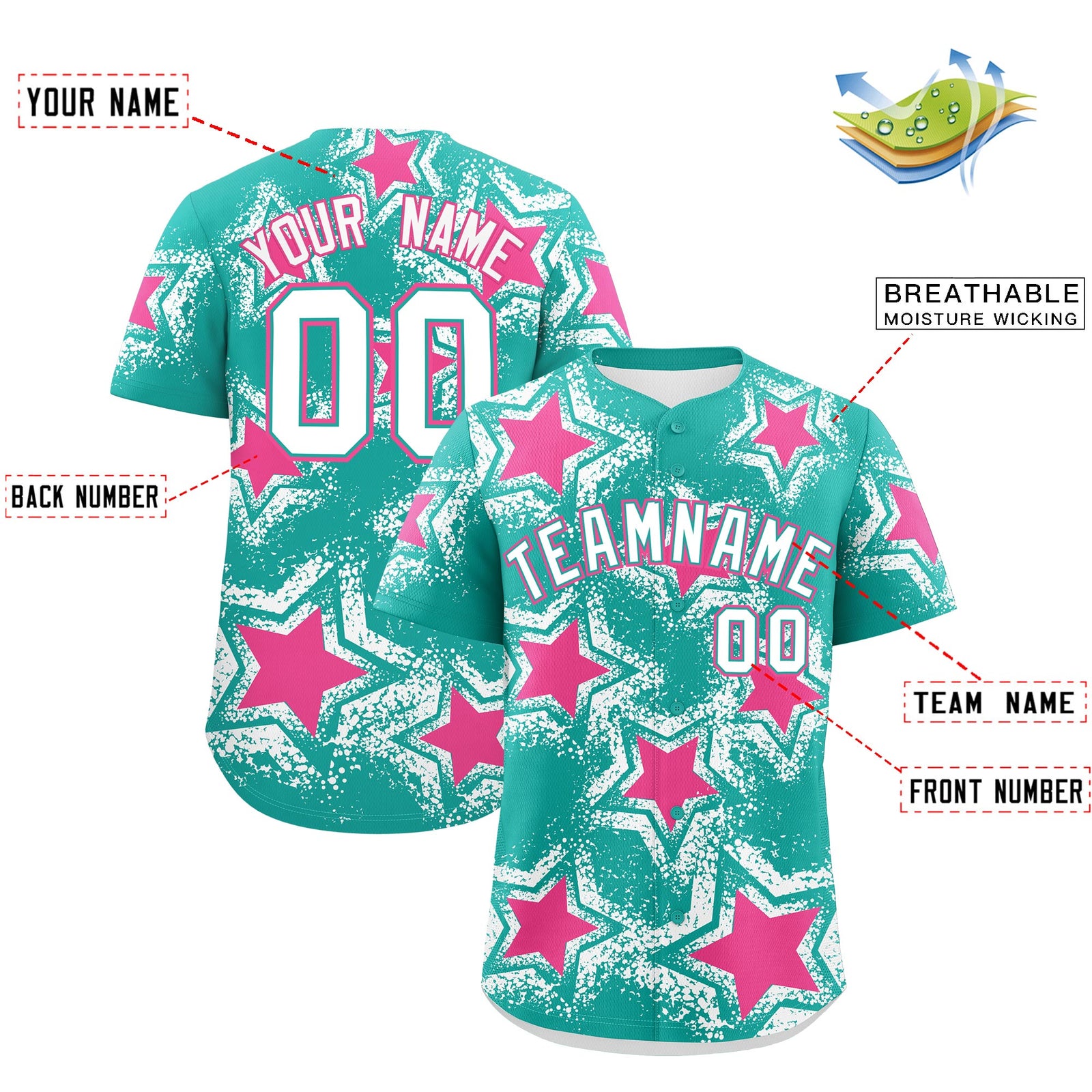Custom Aqua White Pink Star Graffiti Team Baseball Jerseys With Custom Names, Numbers & Logos Stretch Fabric Baseball Jersey| KXKSHOP