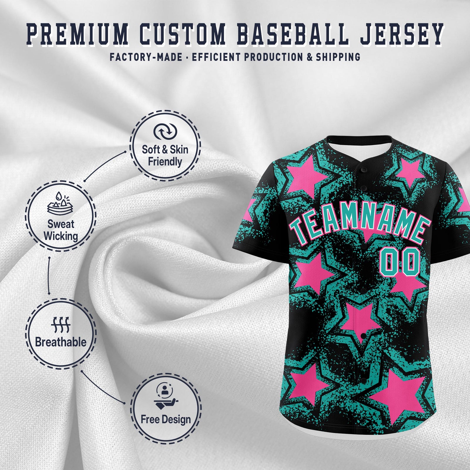 Custom Black Aqua Pink Star Graffiti Team Baseball Jerseys With Custom Names, Numbers & Logos Lightweight Baseball Jersey| KXKSHOP