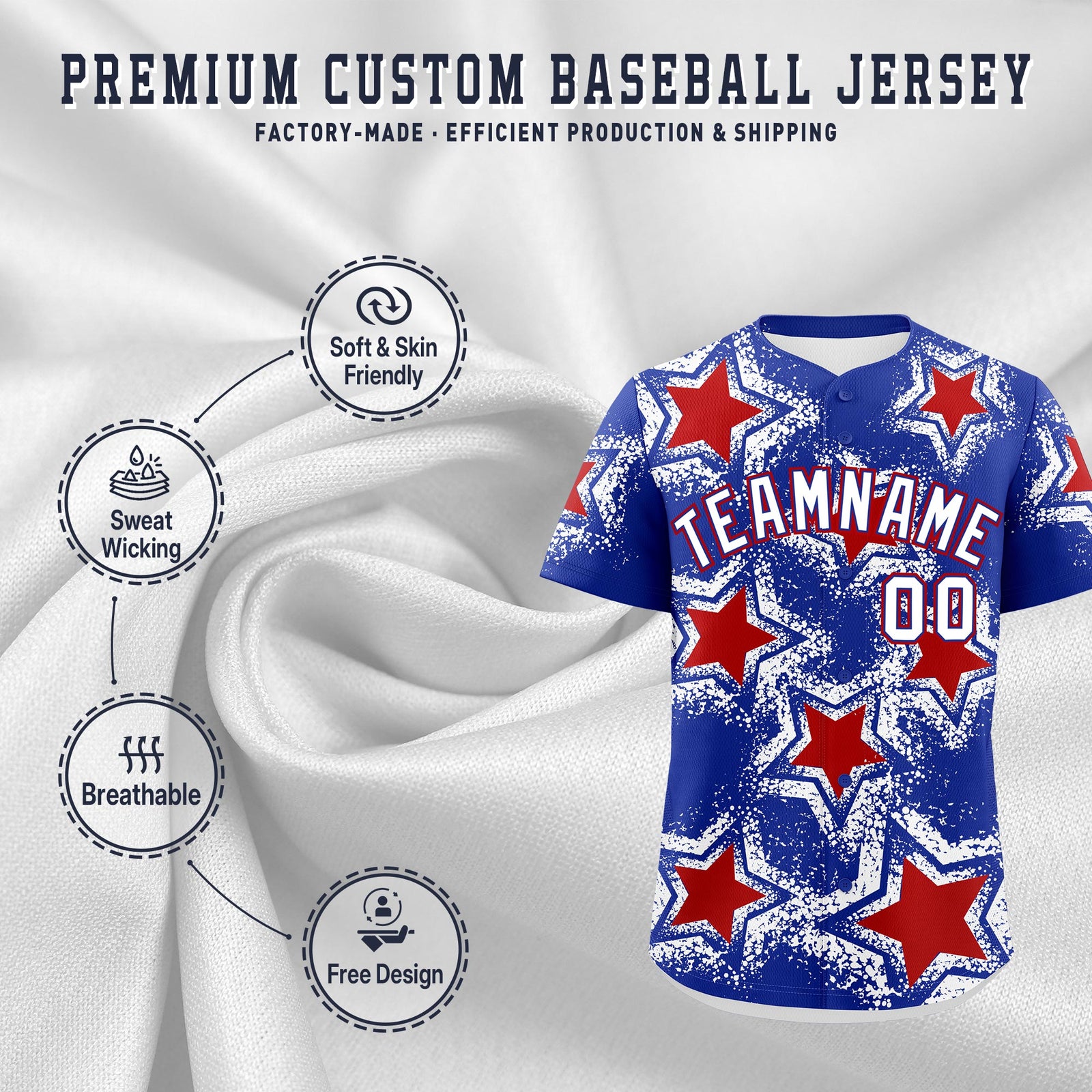 Custom Royal Blue White Red Star Graffiti Team Baseball Jerseys With Custom Names, Numbers & Logos Stretch Fabric Baseball Jersey| KXKSHOP