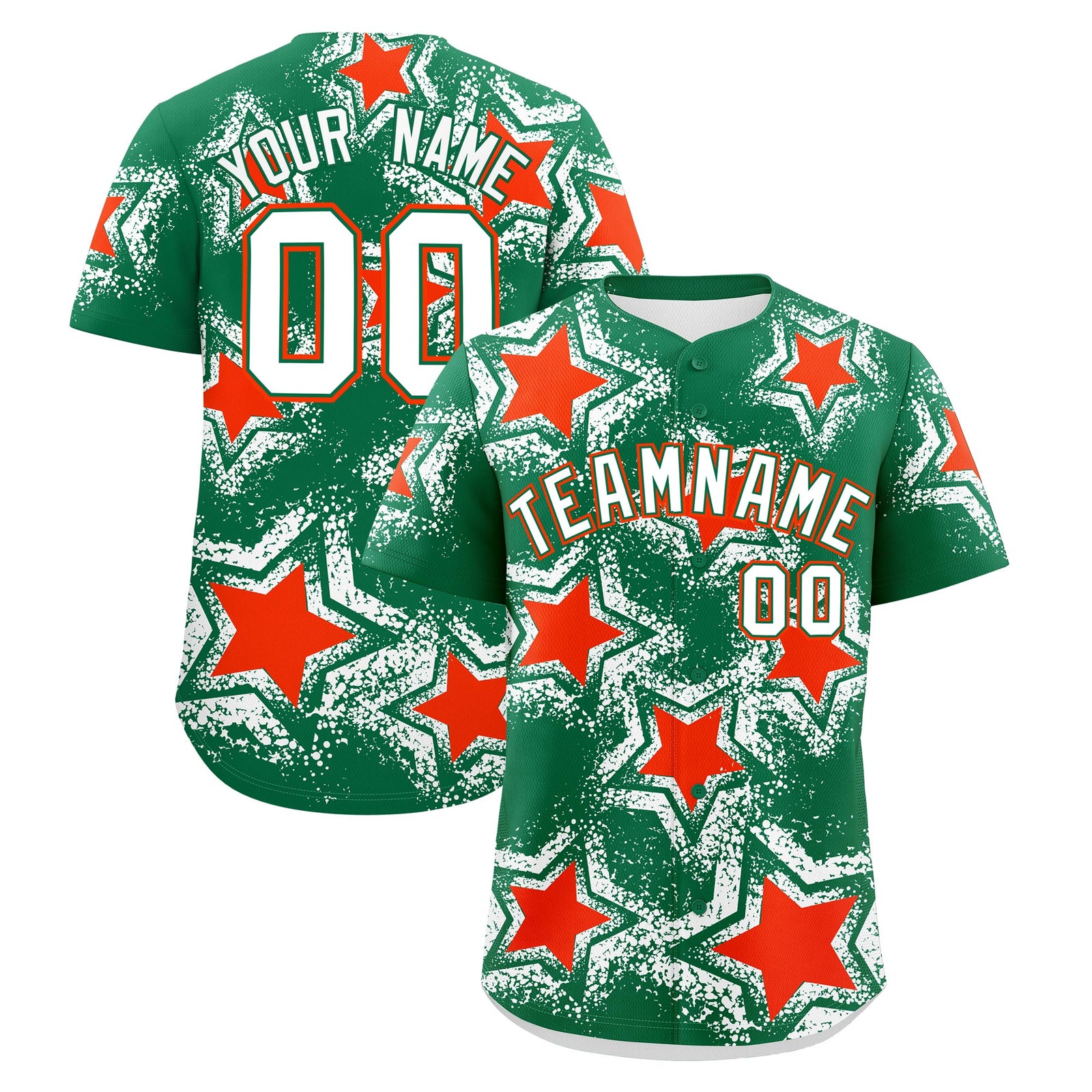 Custom Kelly Green White Orange Star Graffiti Team Baseball Jerseys With Custom Names, Numbers & Logos Stretch Fabric Baseball Jersey| KXKSHOP