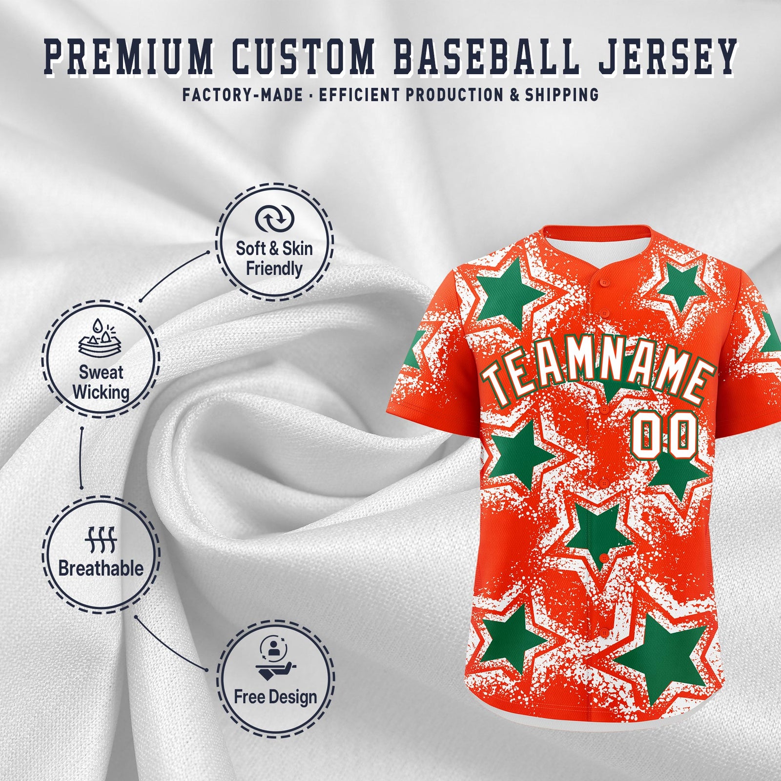 Custom Orange White Kelly Green Star Graffiti Team Baseball Jerseys With Custom Names, Numbers & Logos Lightweight Baseball Jersey| KXKSHOP