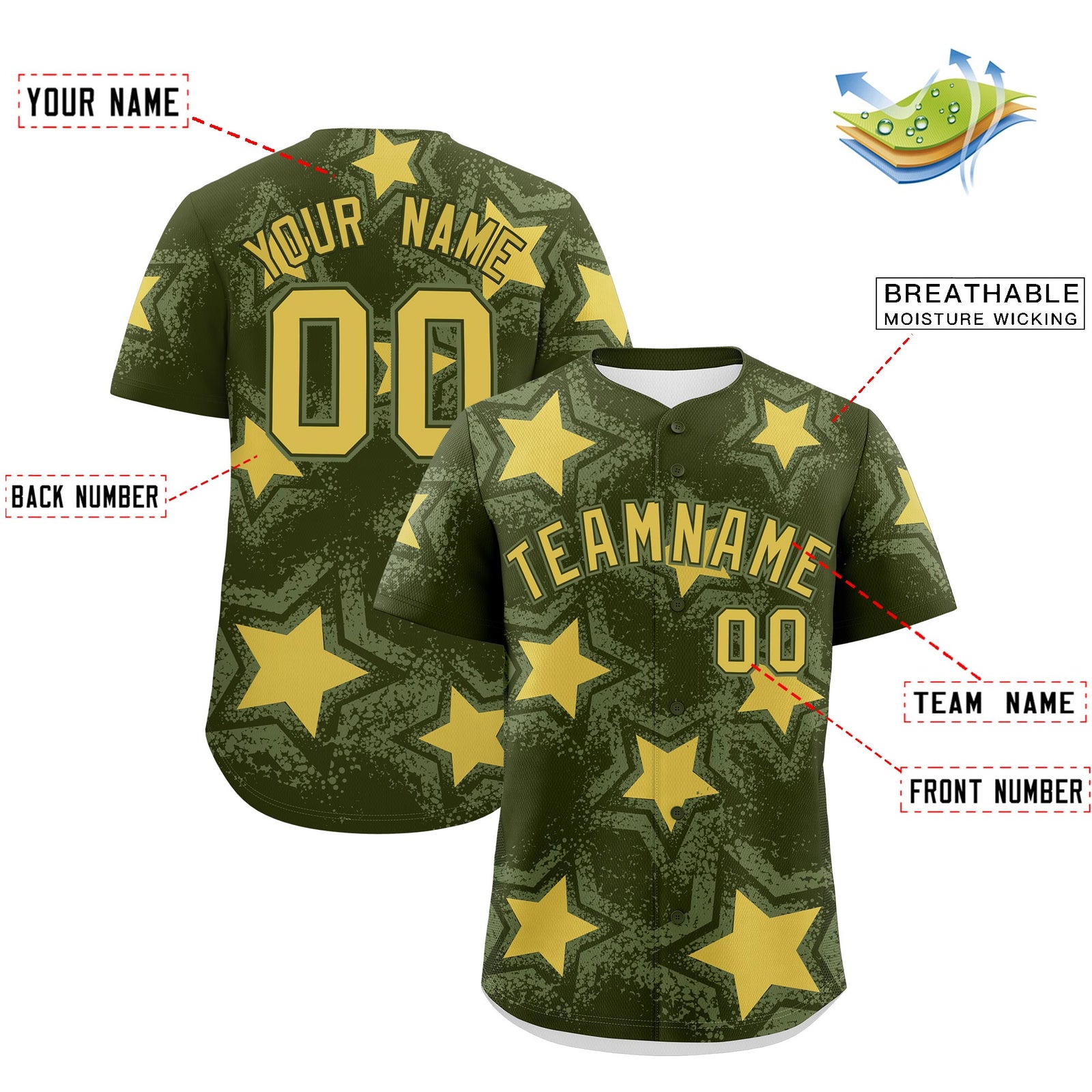 Custom Olive Khaki Star Graffiti Team Baseball Jerseys With Custom Names, Numbers & Logos Stretch Fabric Baseball Jersey| KXKSHOP