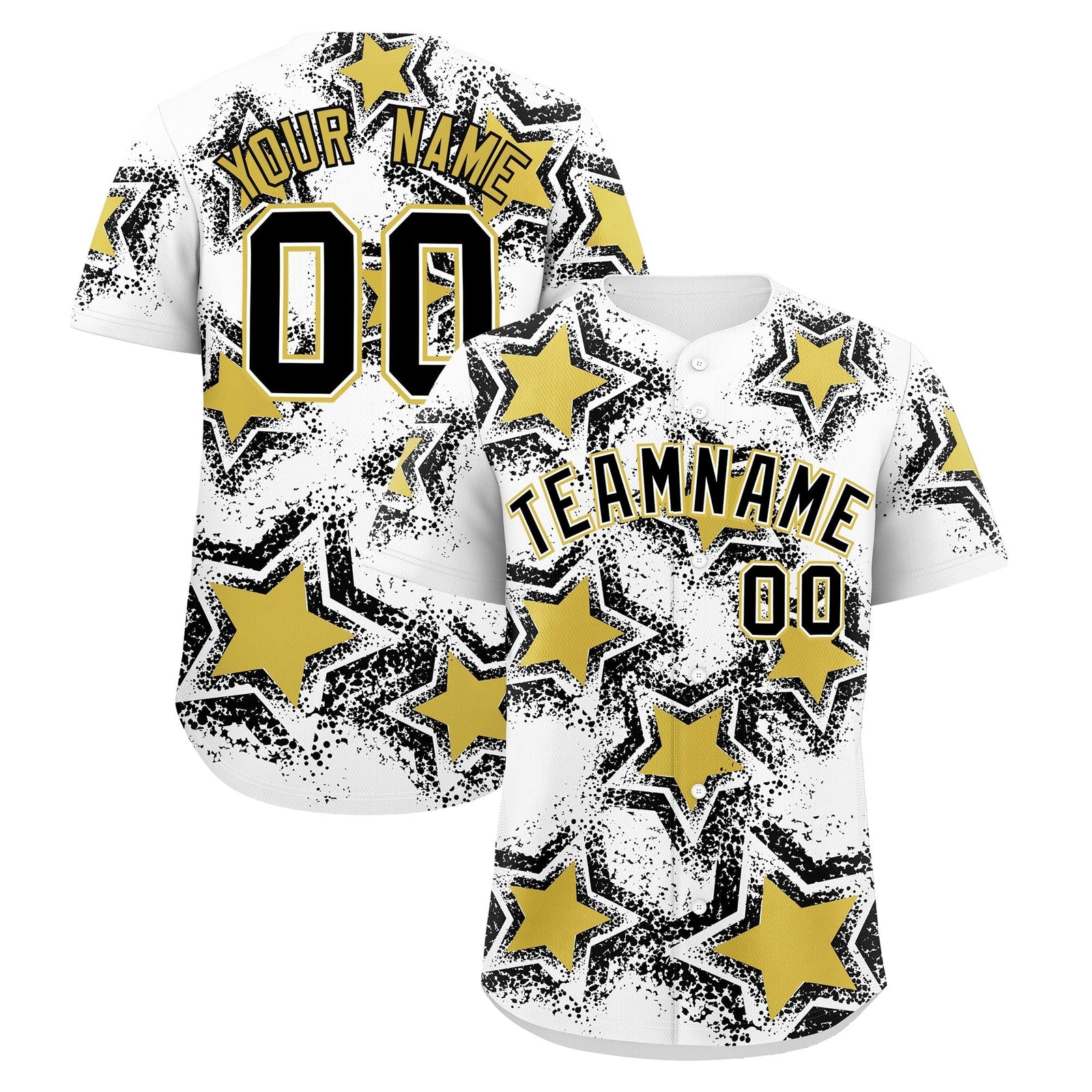 Custom White Black Old Gold Star Graffiti Team Baseball Jerseys With Custom Names, Numbers & Logos Stretch Fabric Baseball Jersey| KXKSHOP