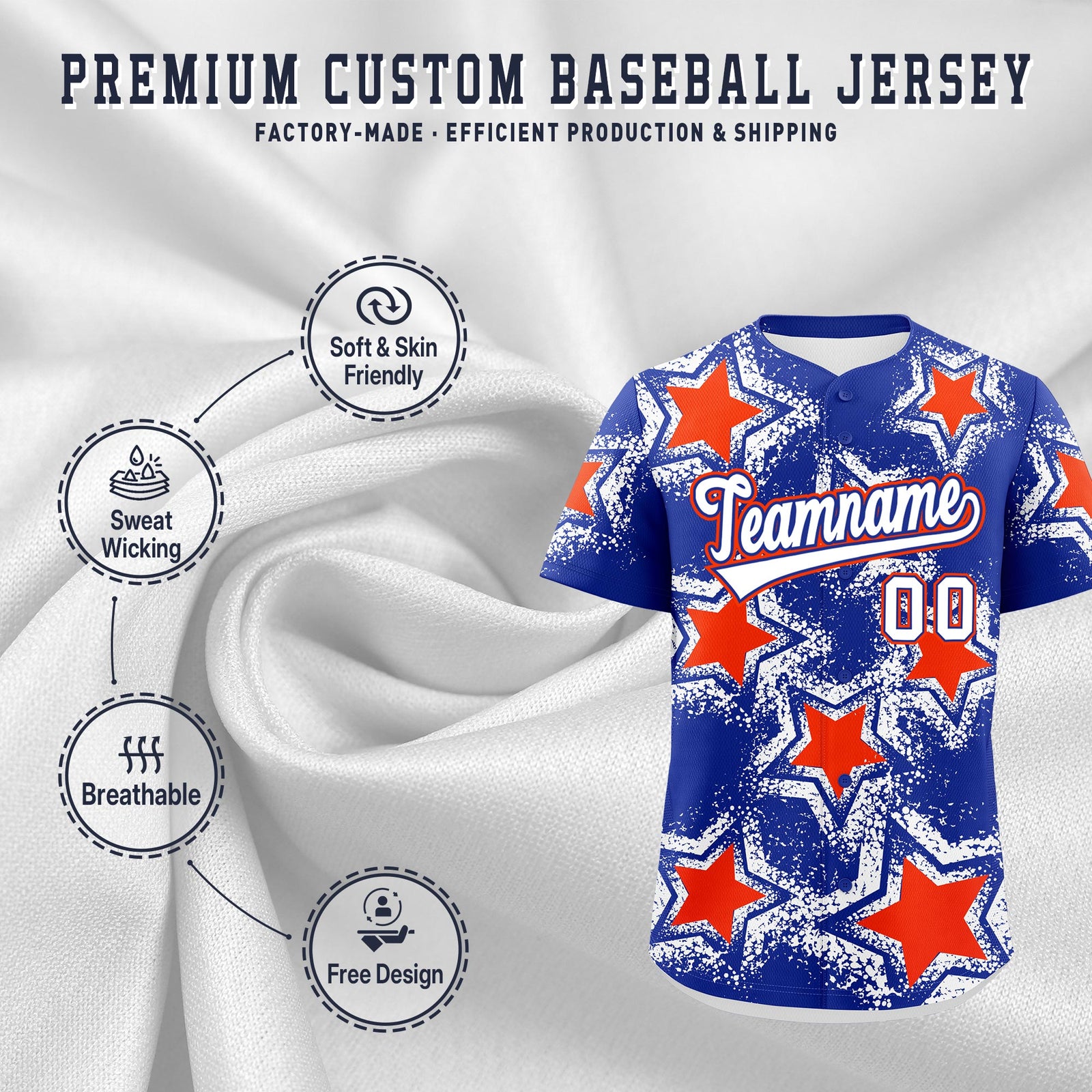 Custom Royal Blue Orange White Star Graffiti Team Baseball Jerseys With Custom Names, Numbers & Logos Stretch Fabric Baseball Jersey| KXKSHOP