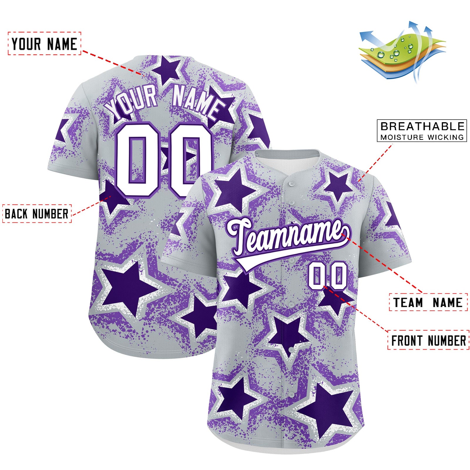 Custom Silver Purple White Star Graffiti Team Baseball Jerseys With Custom Names, Numbers & Logos Lightweight Baseball Jersey| KXKSHOP