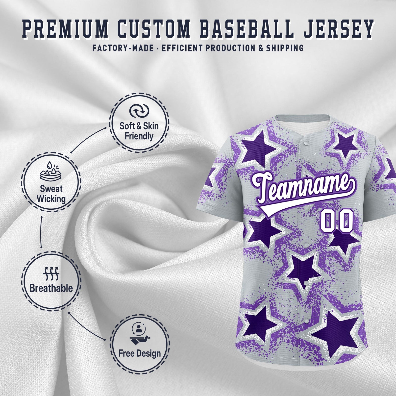 Custom Silver Purple White Star Graffiti Team Baseball Jerseys With Custom Names, Numbers & Logos Lightweight Baseball Jersey| KXKSHOP
