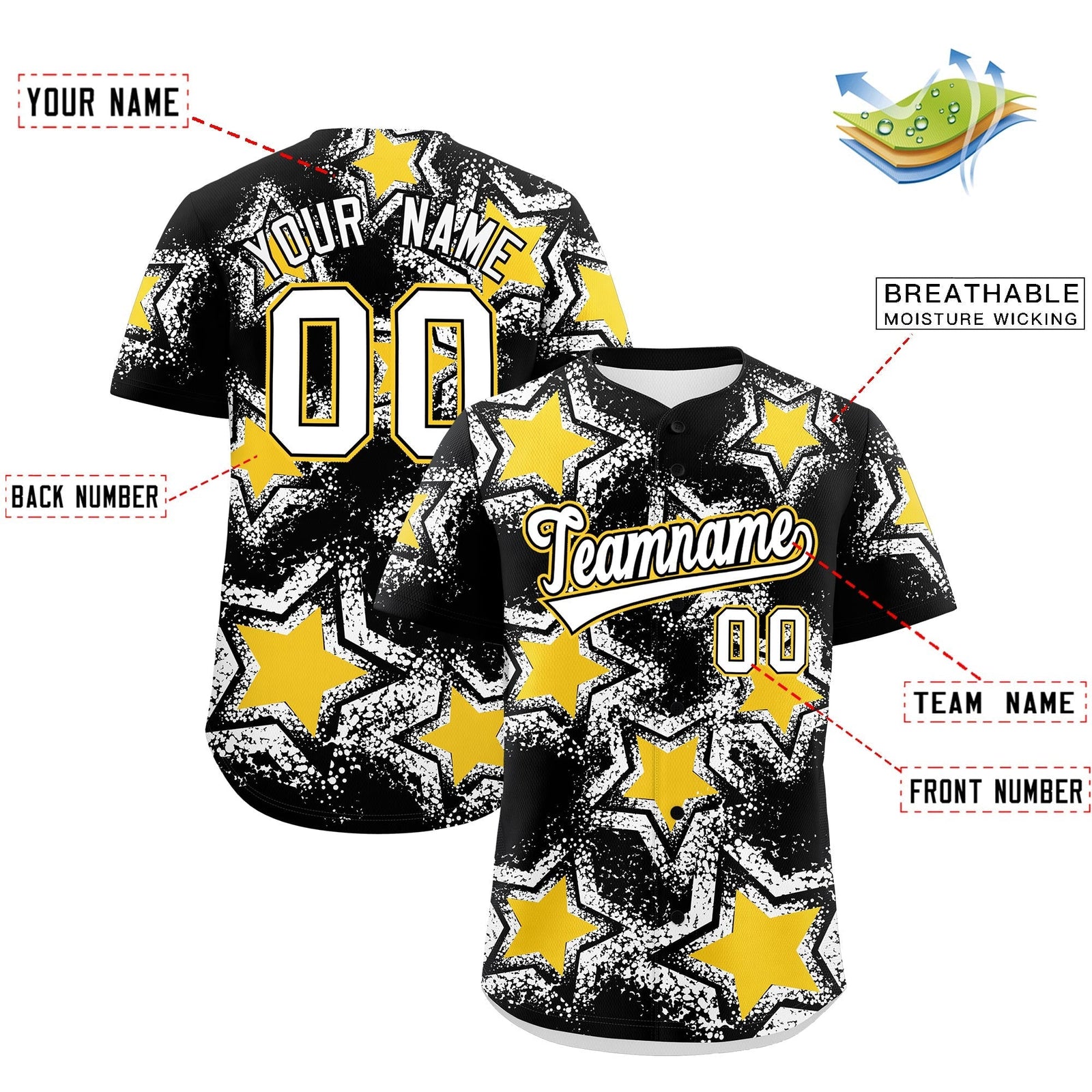 Custom Black Gold White Star Graffiti Team Baseball Jerseys With Custom Names, Numbers & Logos Lightweight Baseball Jersey| KXKSHOP