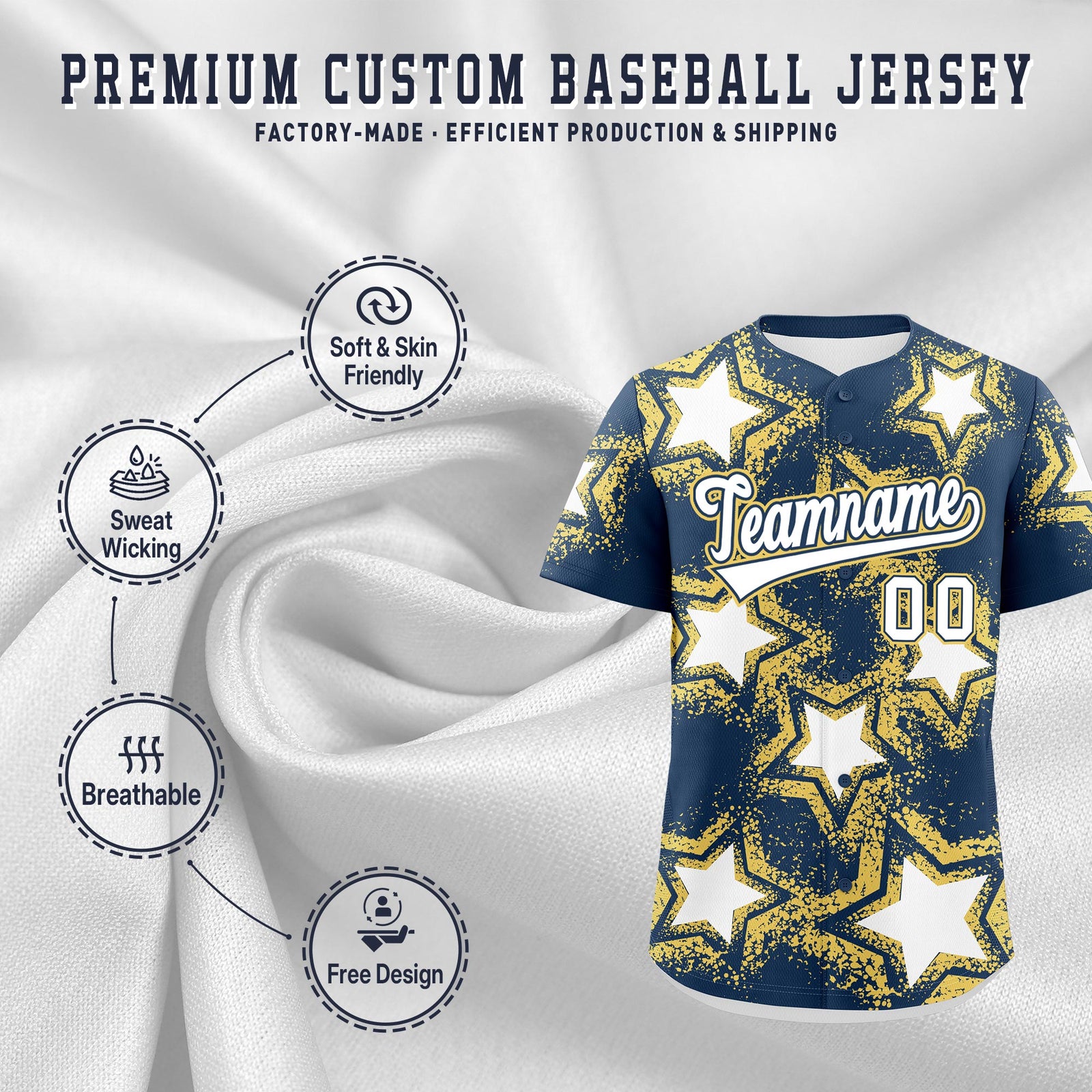 Custom Midnight Blue Khaki White Star Graffiti Team Baseball Jerseys With Custom Names, Numbers & Logos Lightweight Baseball Jersey| KXKSHOP