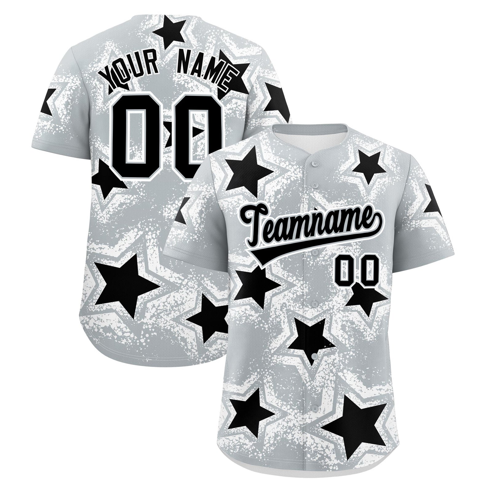 Custom Silver Black White Star Graffiti Team Baseball Jerseys With Custom Names, Numbers & Logos Stretch Fabric Baseball Jersey| KXKSHOP