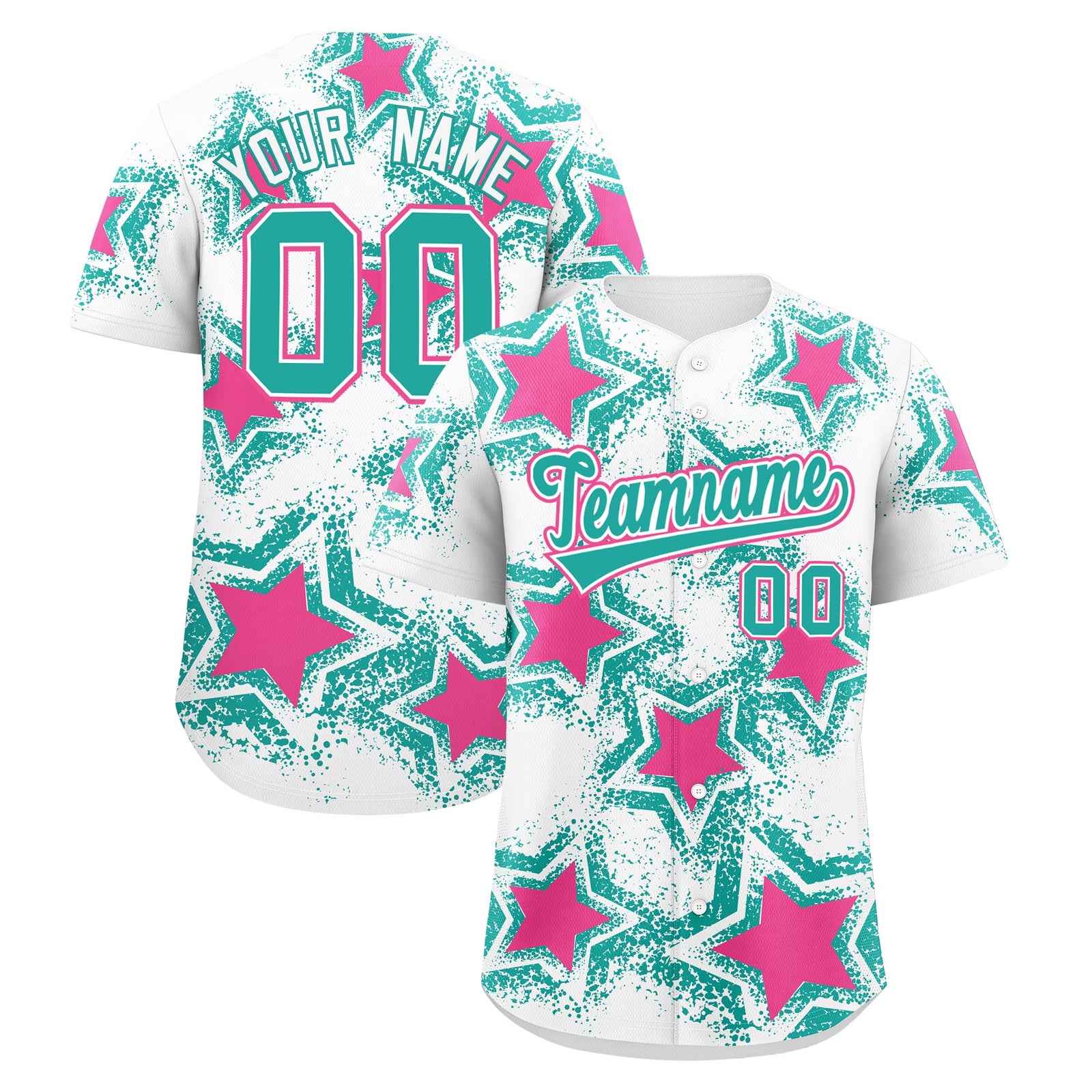 Custom White Aqua Pink Star Graffiti Team Baseball Jerseys With Custom Names, Numbers & Logos Stretch Fabric Baseball Jersey| KXKSHOP