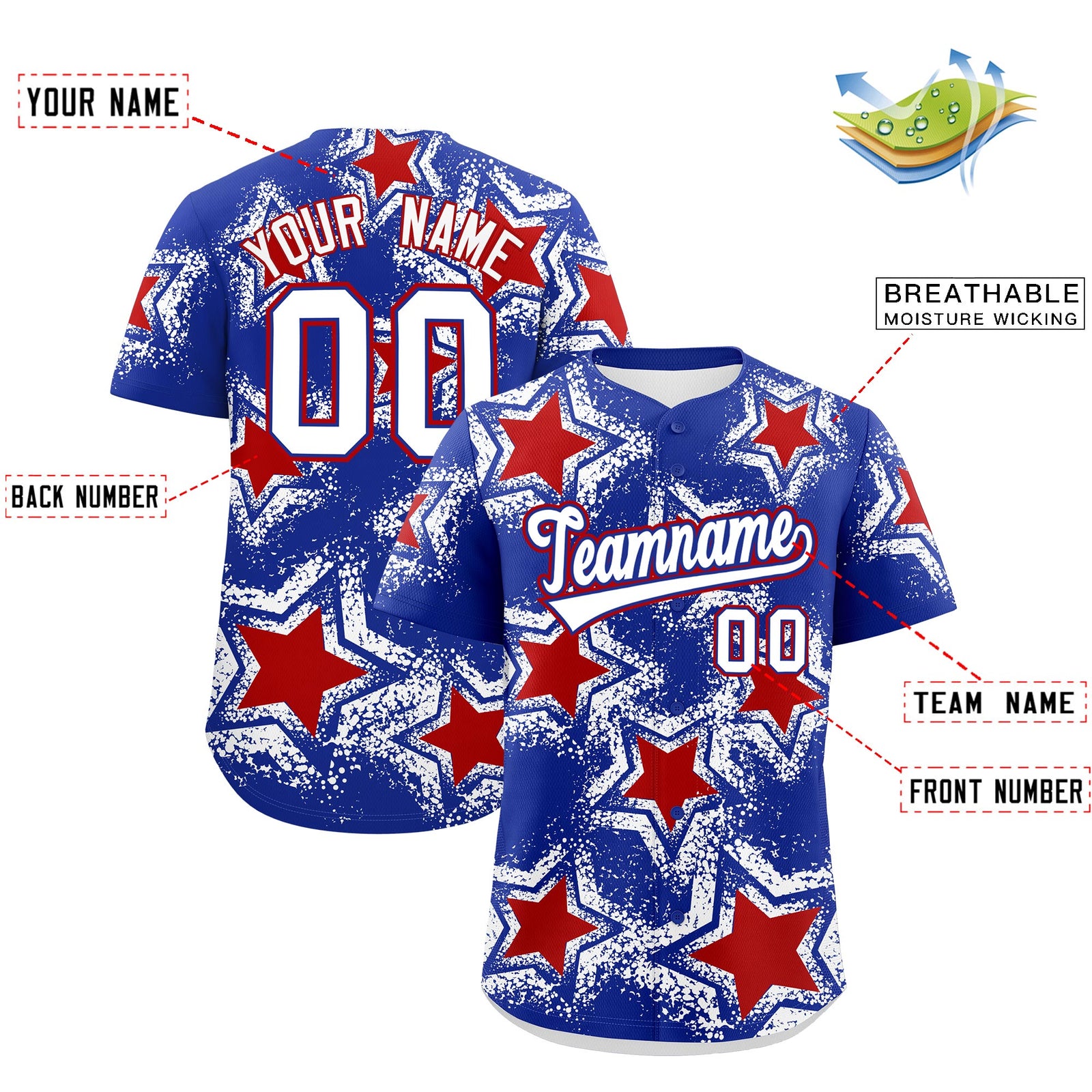Custom Royal Blue White Red Star Graffiti Team Baseball Jerseys With Custom Names, Numbers & Logos Stretch Fabric Baseball Jersey| KXKSHOP