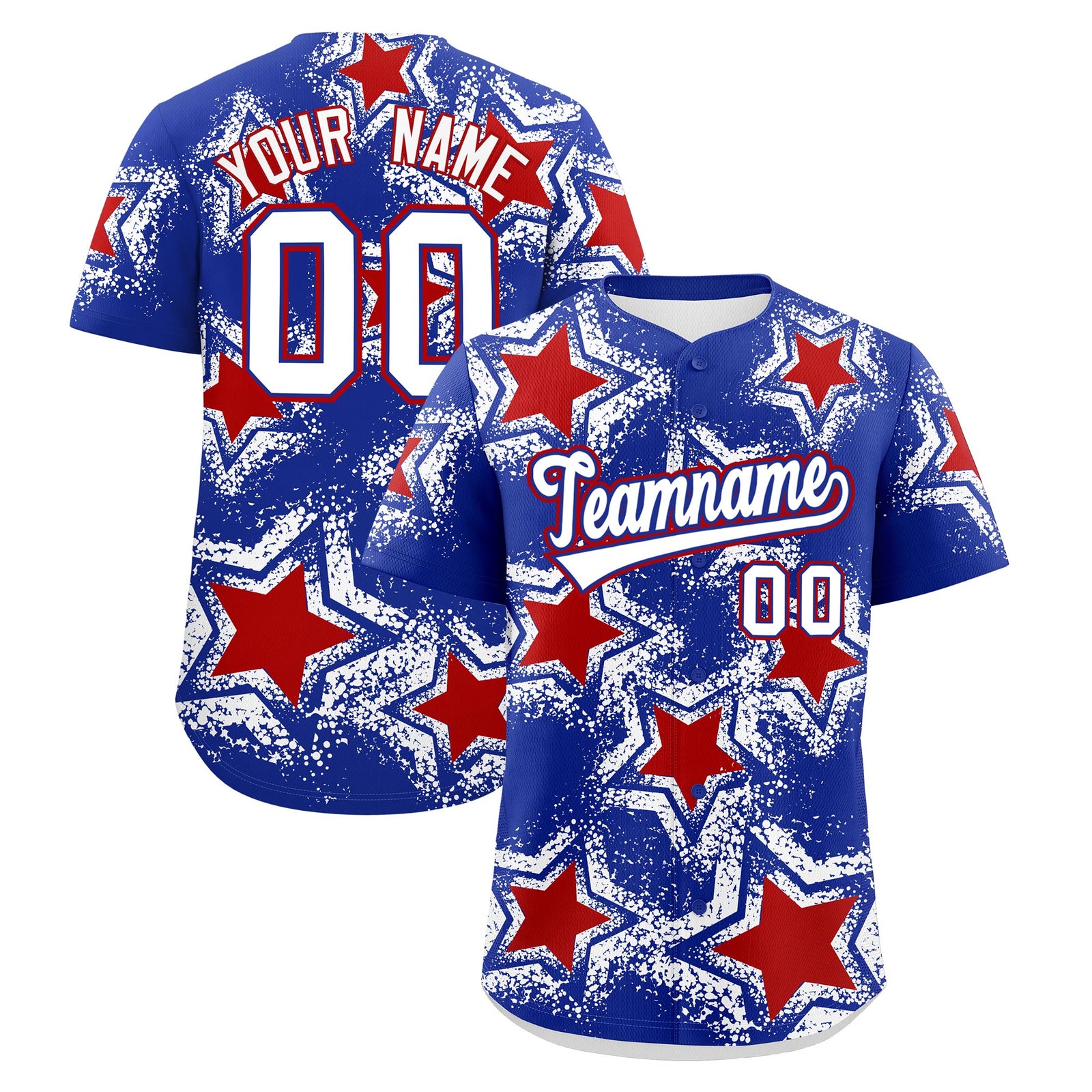 Custom Royal Blue White Red Star Graffiti Team Baseball Jerseys With Custom Names, Numbers & Logos Stretch Fabric Baseball Jersey| KXKSHOP