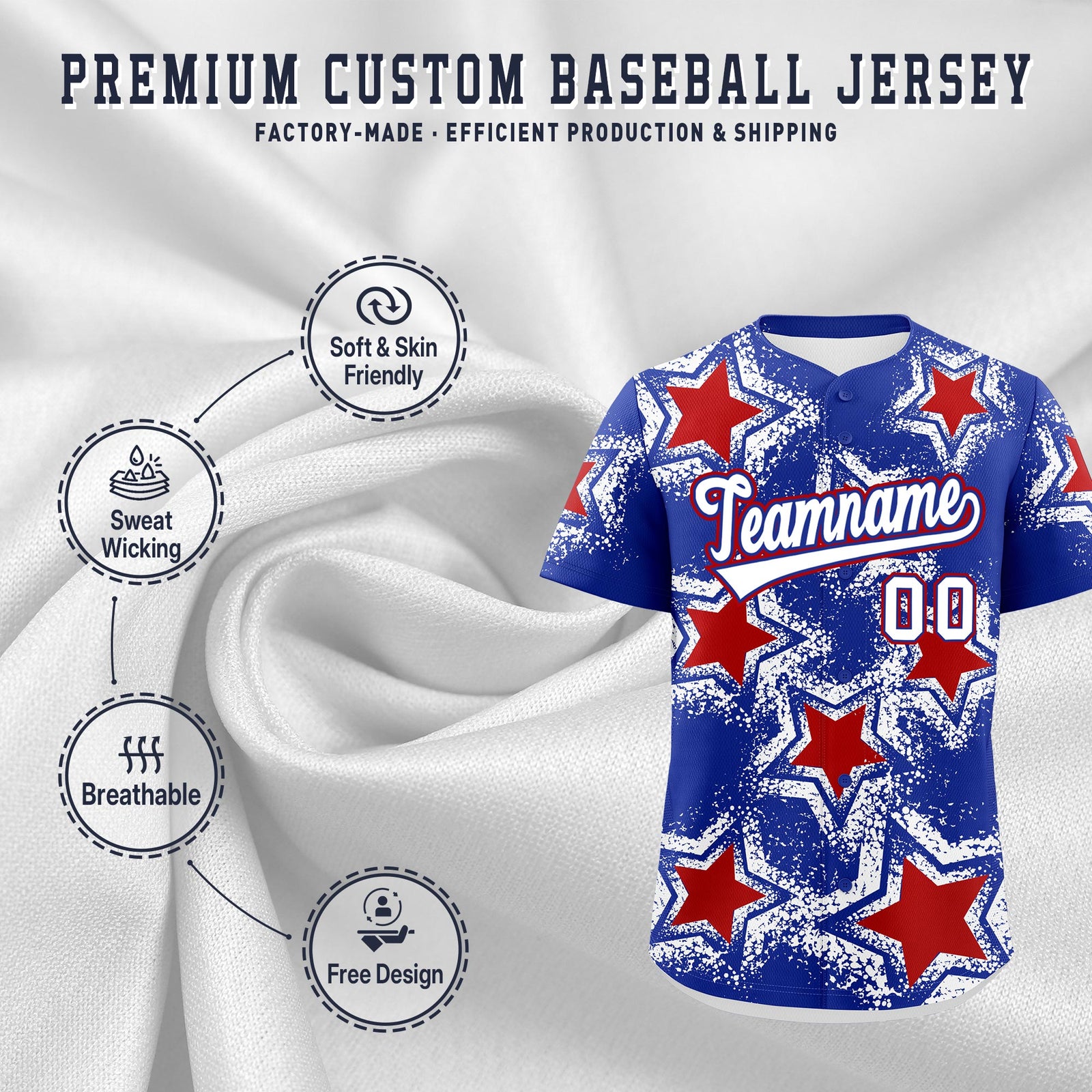 Custom Royal Blue White Red Star Graffiti Team Baseball Jerseys With Custom Names, Numbers & Logos Stretch Fabric Baseball Jersey| KXKSHOP