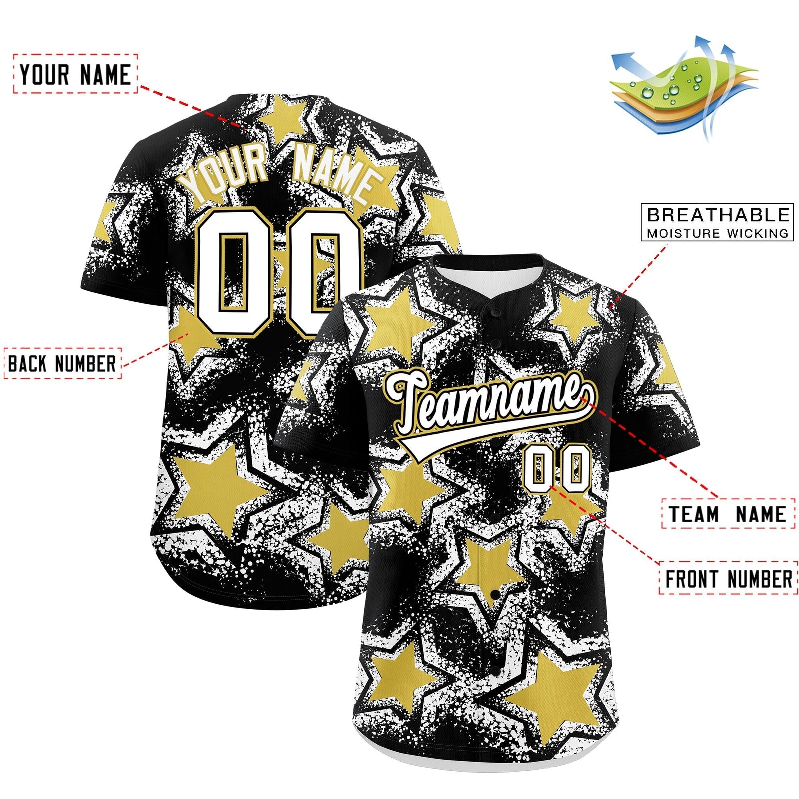 Custom Black White Old Gold Star Graffiti Team Baseball Jerseys With Custom Names, Numbers & Logos Lightweight Baseball Jersey| KXKSHOP