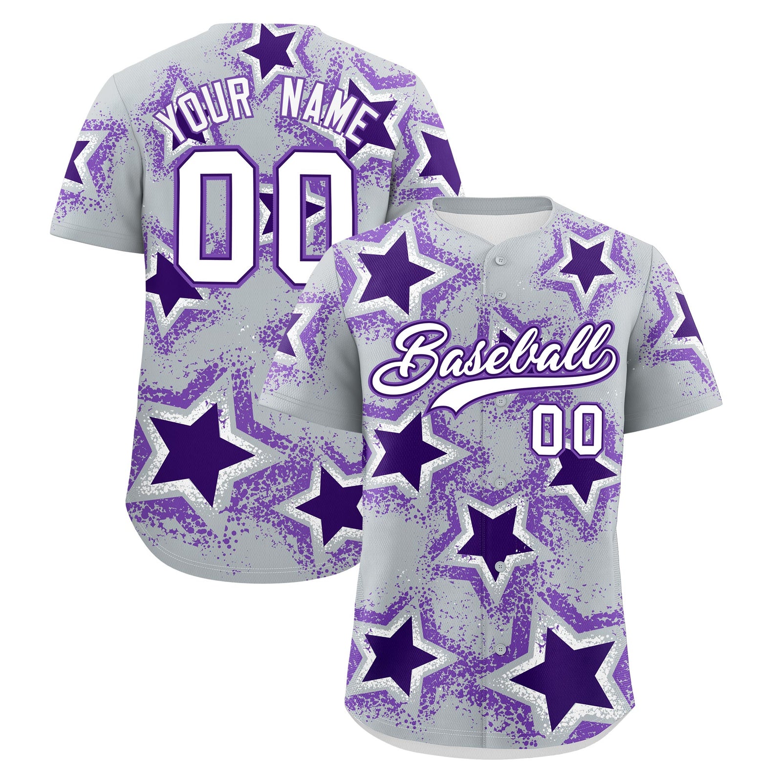 Custom Silver Purple White Star Graffiti Team Baseball Jerseys With Custom Names, Numbers & Logos Lightweight Baseball Jersey| KXKSHOP