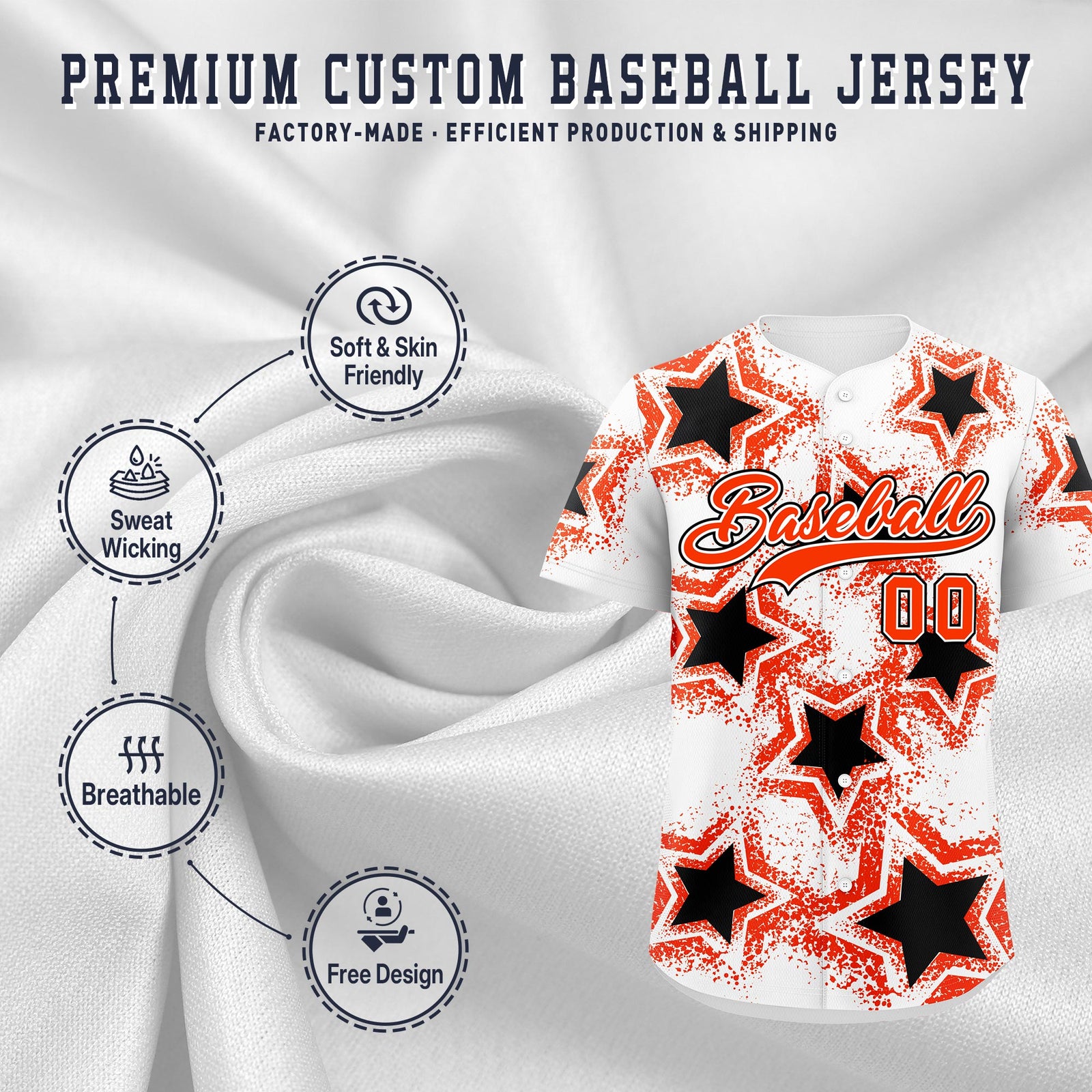 Custom White Black Orange Star Graffiti Team Baseball Jerseys With Custom Names, Numbers & Logos Lightweight Baseball Jersey| KXKSHOP