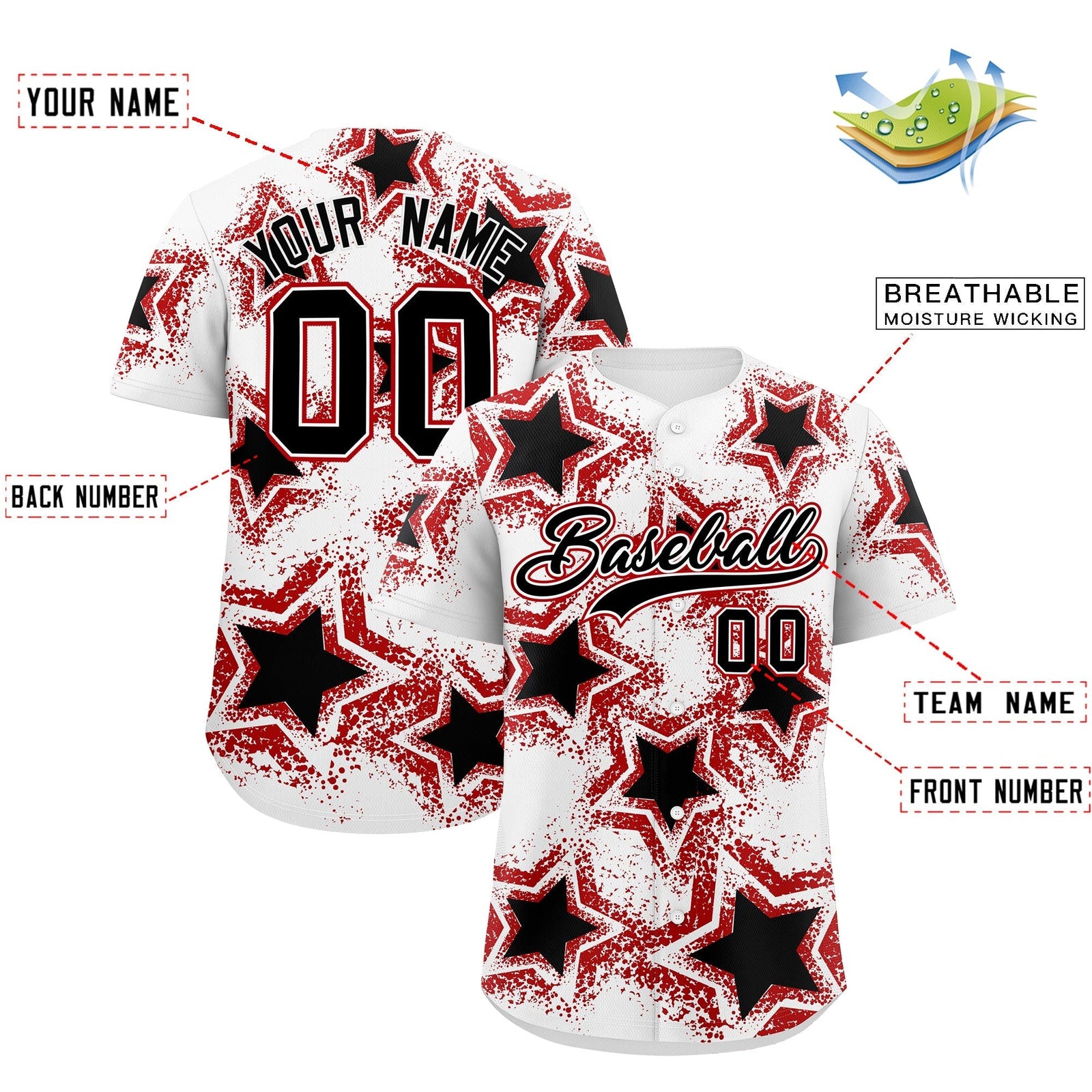 Custom White Black Red Star Graffiti Team Baseball Jerseys With Custom Names, Numbers & Logos Stretch Fabric Baseball Jersey| KXKSHOP