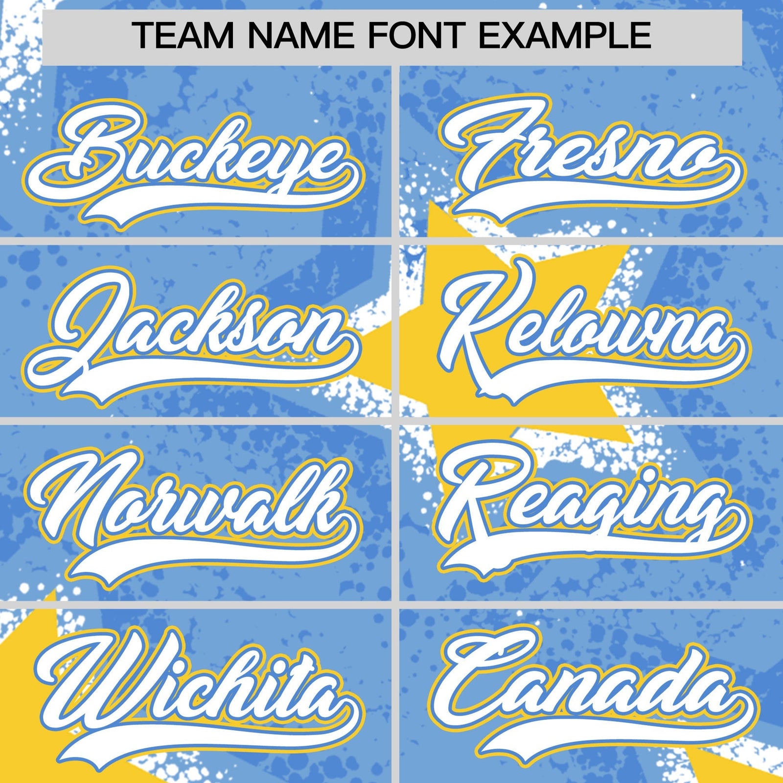 Custom Light Blue Gold White Star Graffiti Team Baseball Jerseys With Custom Names, Numbers & Logos Stretch Fabric Baseball Jersey| KXKSHOP