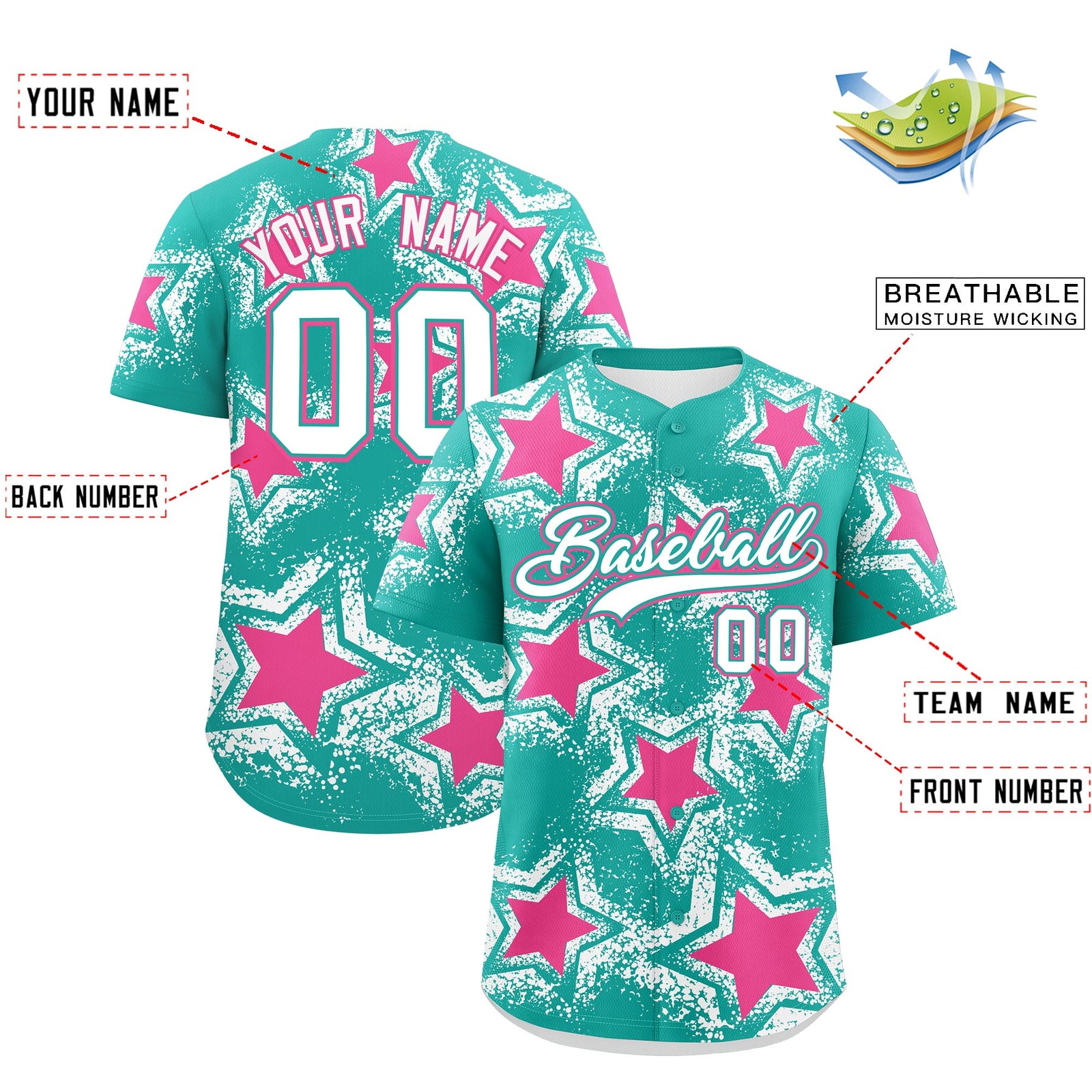 Custom Aqua White Pink Star Graffiti Team Baseball Jerseys With Custom Names, Numbers & Logos Stretch Fabric Baseball Jersey| KXKSHOP