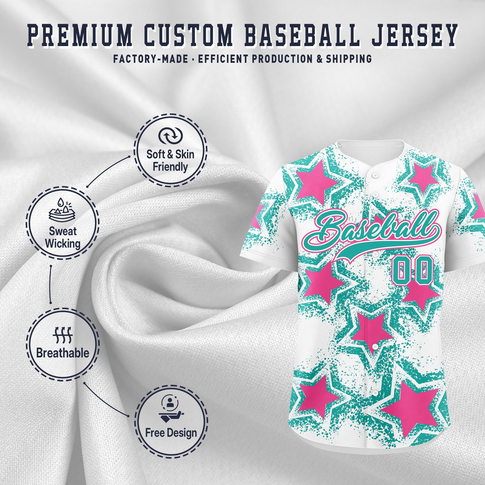 Custom White Aqua Pink Star Graffiti Team Baseball Jerseys With Custom Names, Numbers & Logos Stretch Fabric Baseball Jersey| KXKSHOP