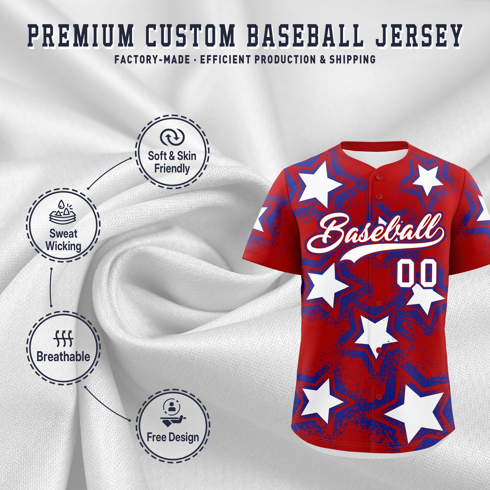 Custom Red Royal Blue White Star Graffiti Team Baseball Jerseys With Custom Names, Numbers & Logos Lightweight Baseball Jersey| KXKSHOP