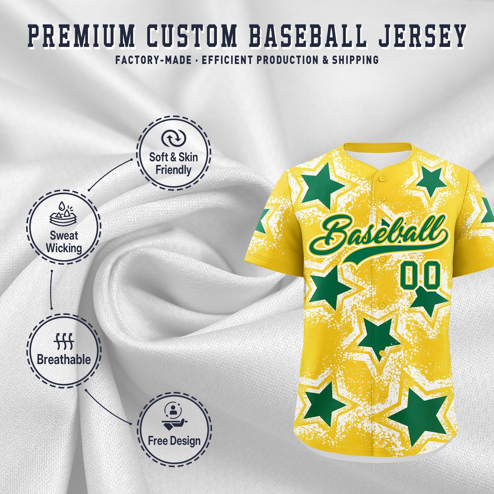 Custom Gold White Kelly Green Star Graffiti Team Baseball Jerseys With Custom Names, Numbers & Logos Lightweight Baseball Jersey| KXKSHOP