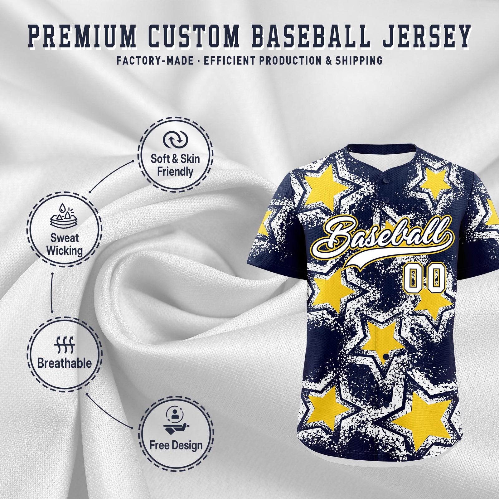 Custom Navy White Gold Star Graffiti Team Baseball Jerseys With Custom Names, Numbers & Logos Stretch Fabric Baseball Jersey| KXKSHOP