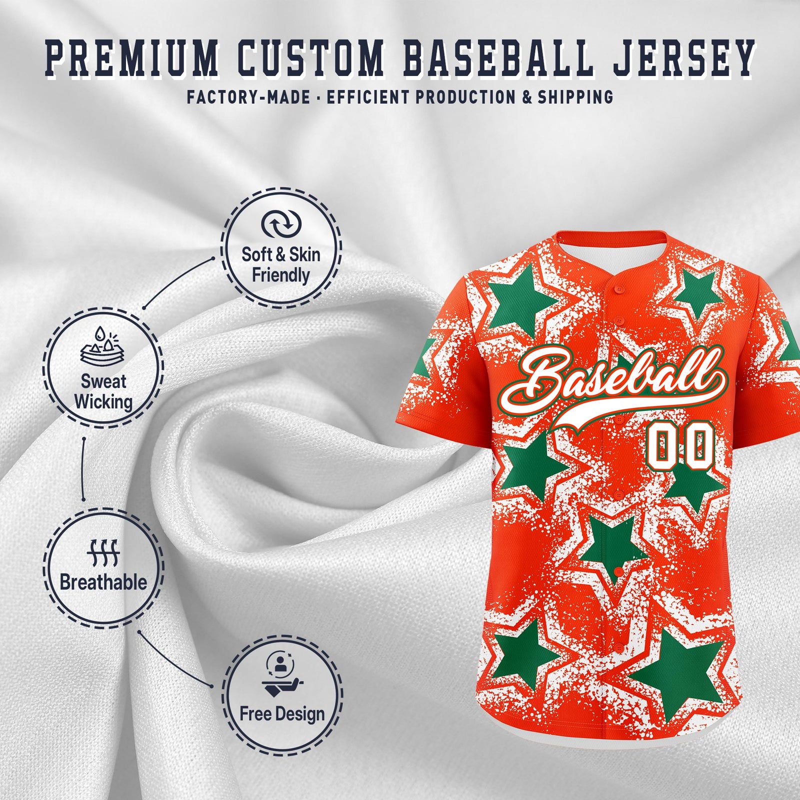 Custom Orange White Kelly Green Star Graffiti Team Baseball Jerseys With Custom Names, Numbers & Logos Lightweight Baseball Jersey| KXKSHOP