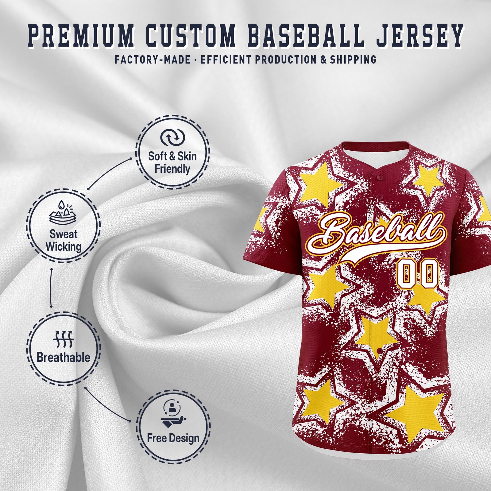 Custom Crimson White Gold Star Graffiti Team Baseball Jerseys With Custom Names, Numbers & Logos Stretch Fabric Baseball Jersey| KXKSHOP