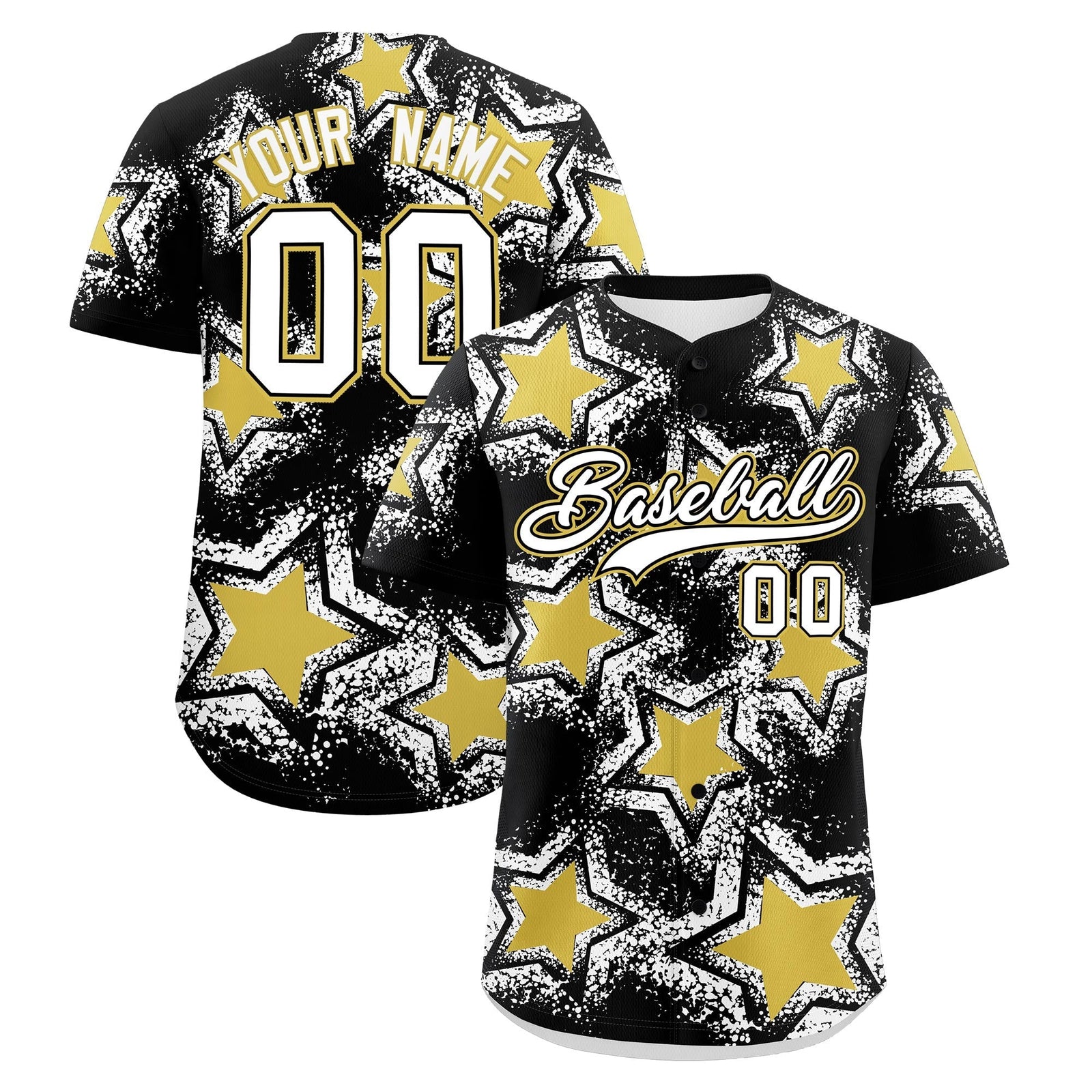 Custom Black White Old Gold Star Graffiti Team Baseball Jerseys With Custom Names, Numbers & Logos Lightweight Baseball Jersey| KXKSHOP