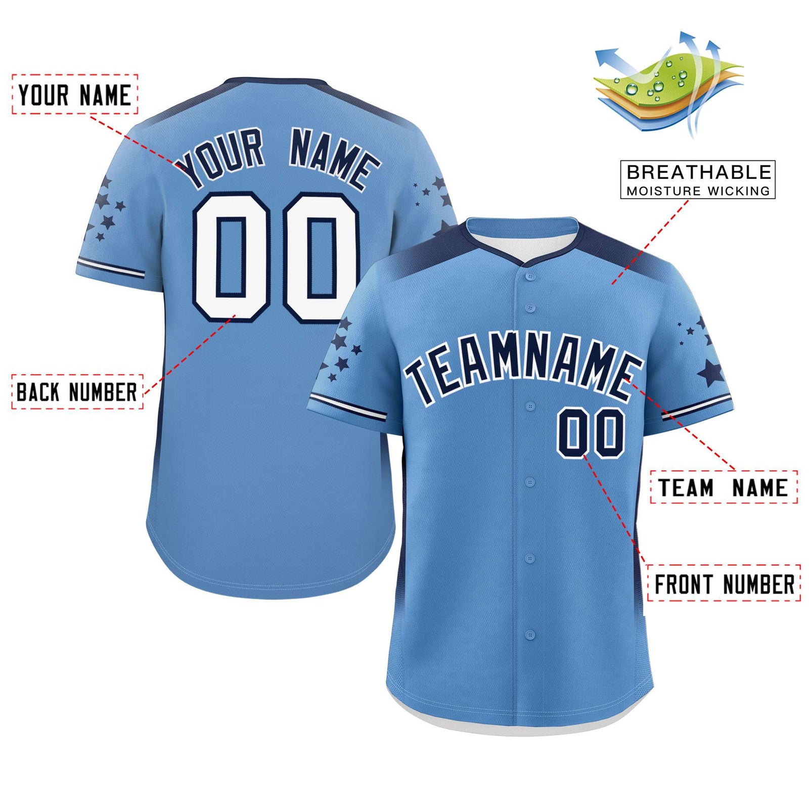 Custom Light Blue Navy Gradient Side Personalized Star Pattern Authentic Baseball Jersey