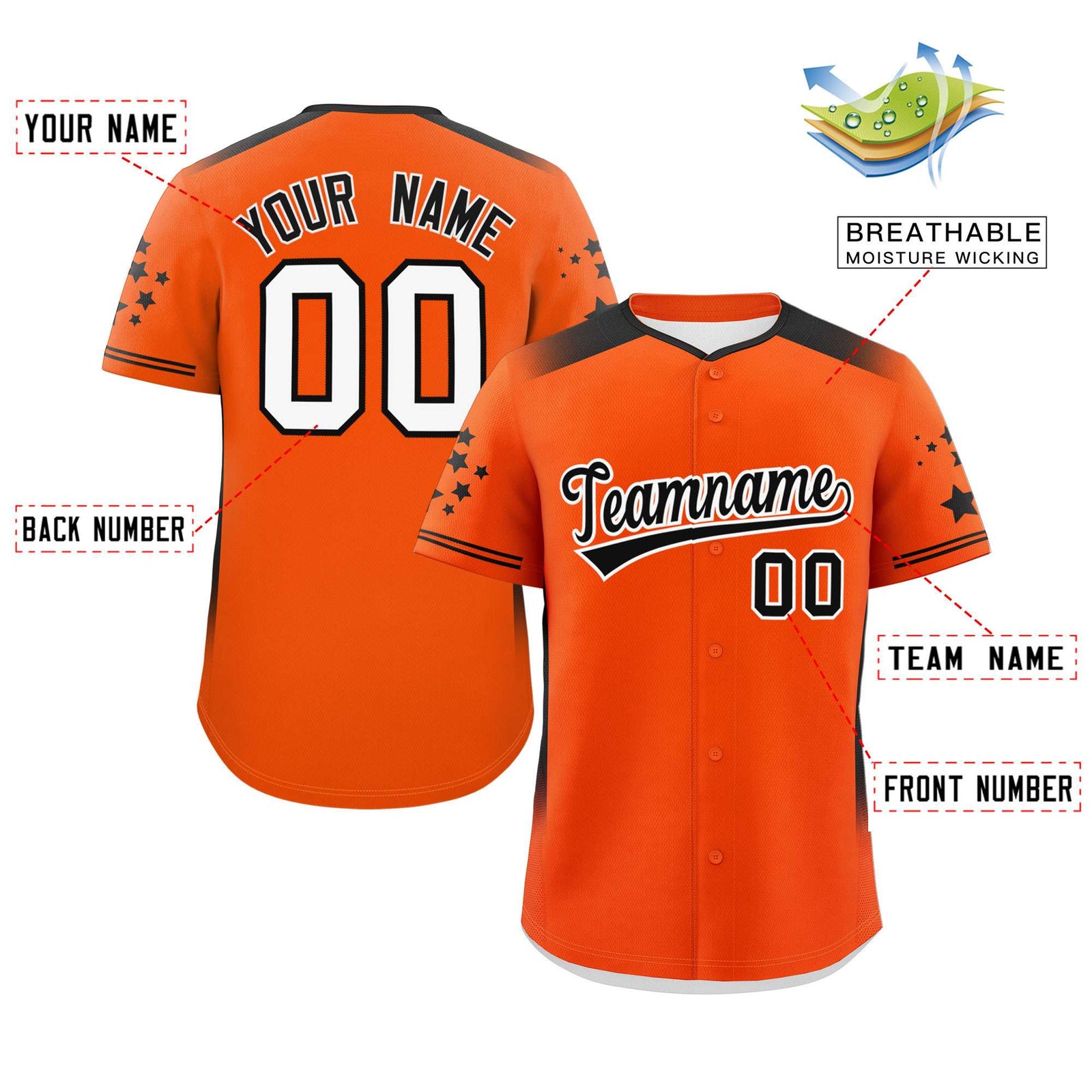 Custom Orange Black Gradient Side Personalized Star Pattern Authentic Baseball Jersey