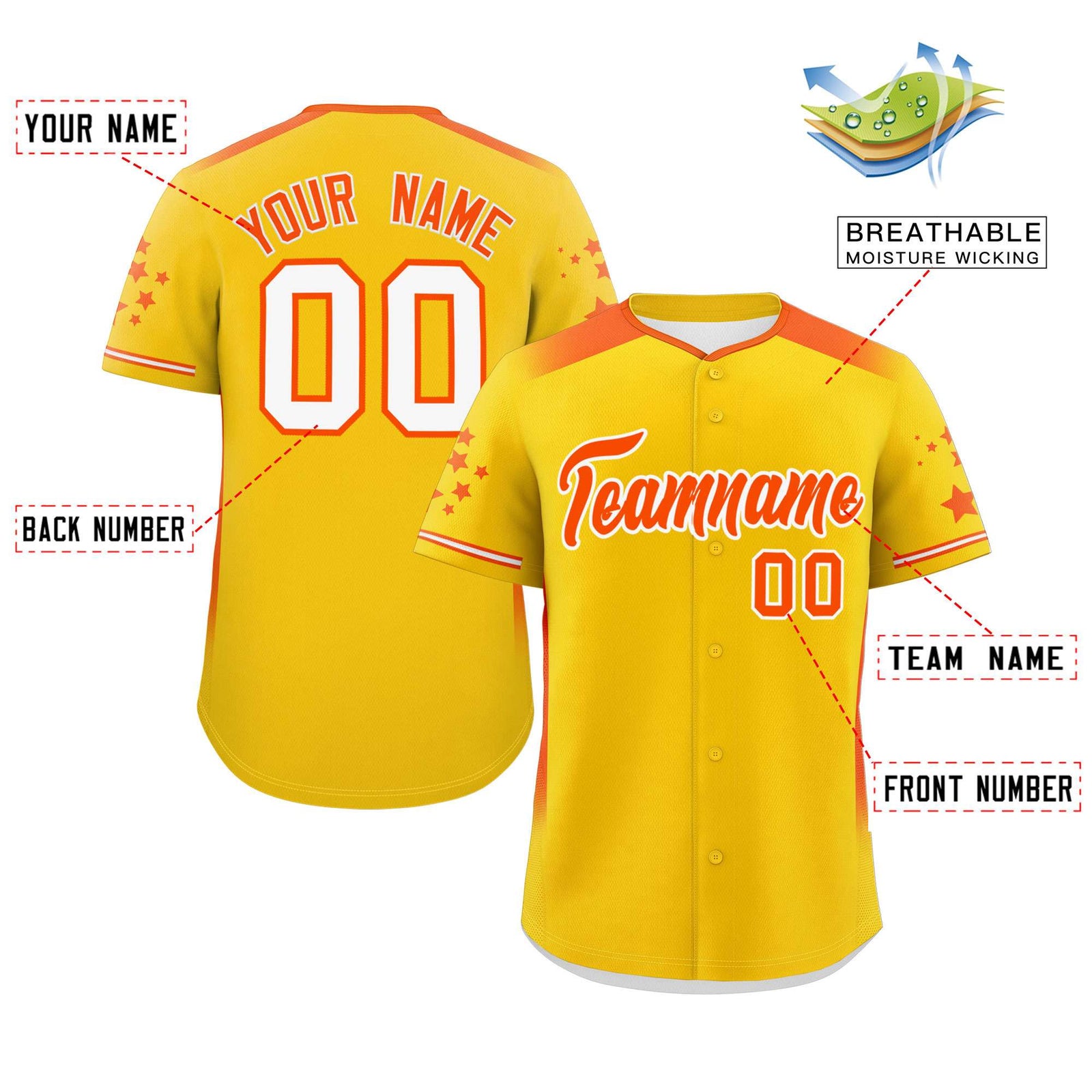 Custom Gold Orange Gradient Side Personalized Star Pattern Authentic Baseball Jersey