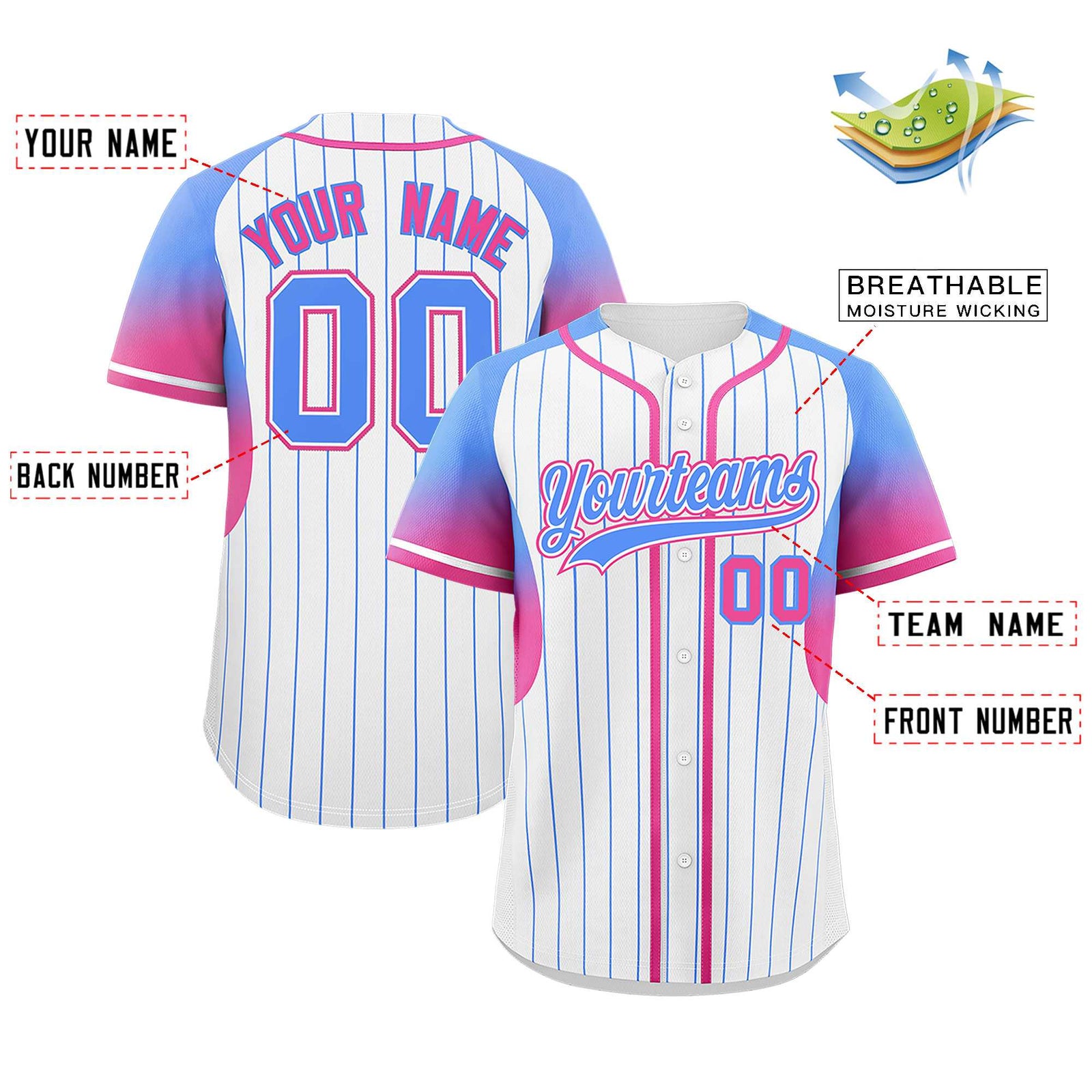 Custom White Powder Blue Stripe Fashion Sleeves Gradient Authentic Baseball Jersey