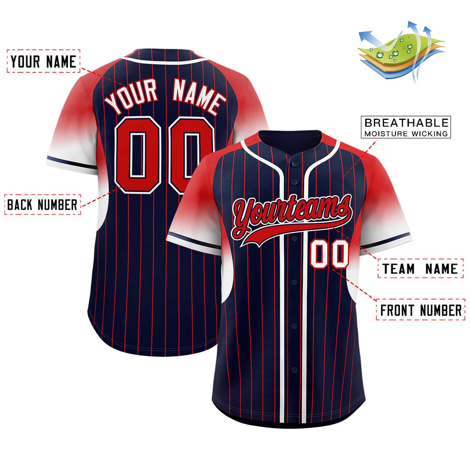Custom Navy Red Stripe Fashion Sleeves Gradient Authentic Baseball Jersey