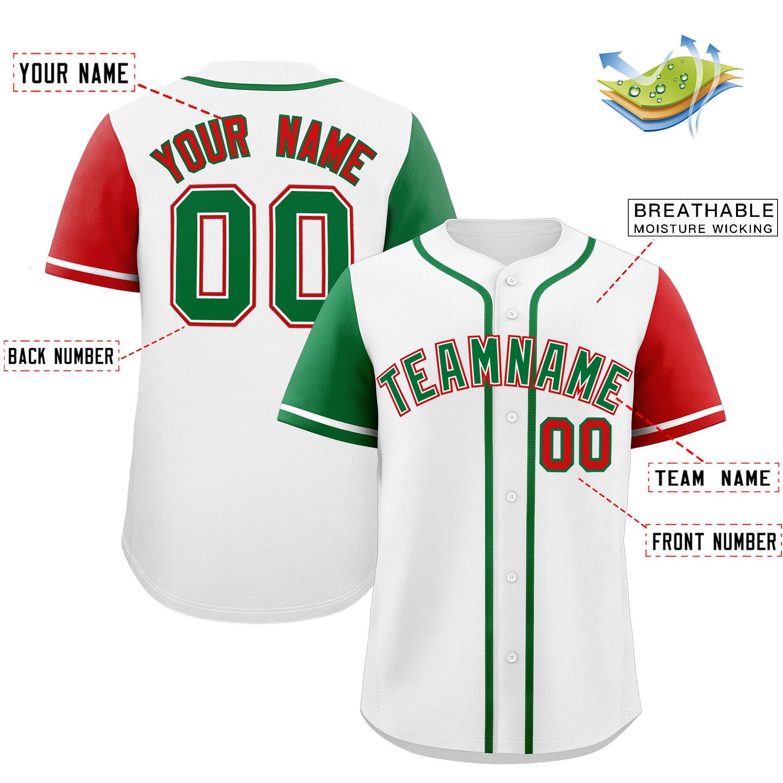 Custom White Kelly Green and Red Raglan Sleeves Authentic Baseball Jersey