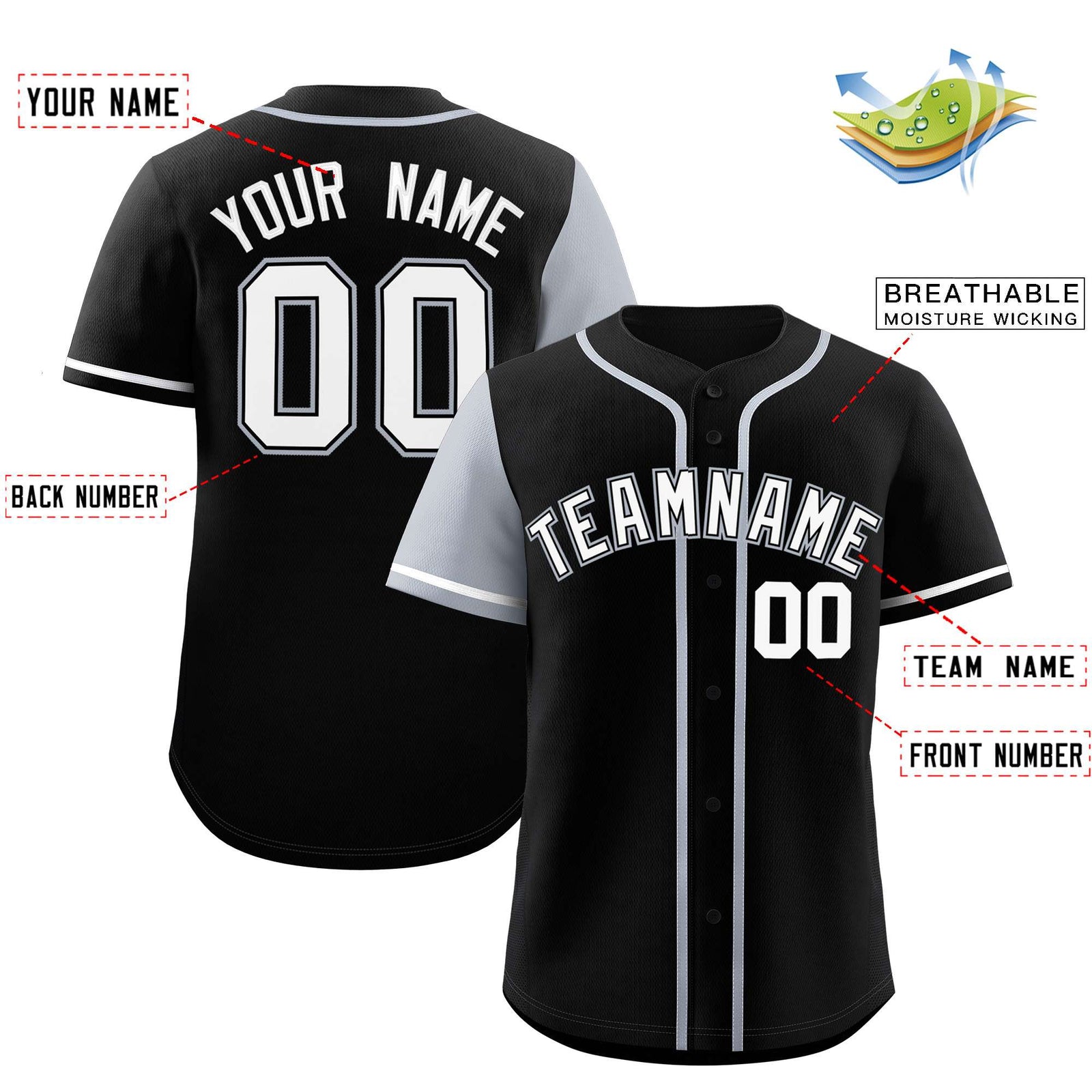 Custom Black Silver and Black Raglan Sleeves Authentic Baseball Jersey