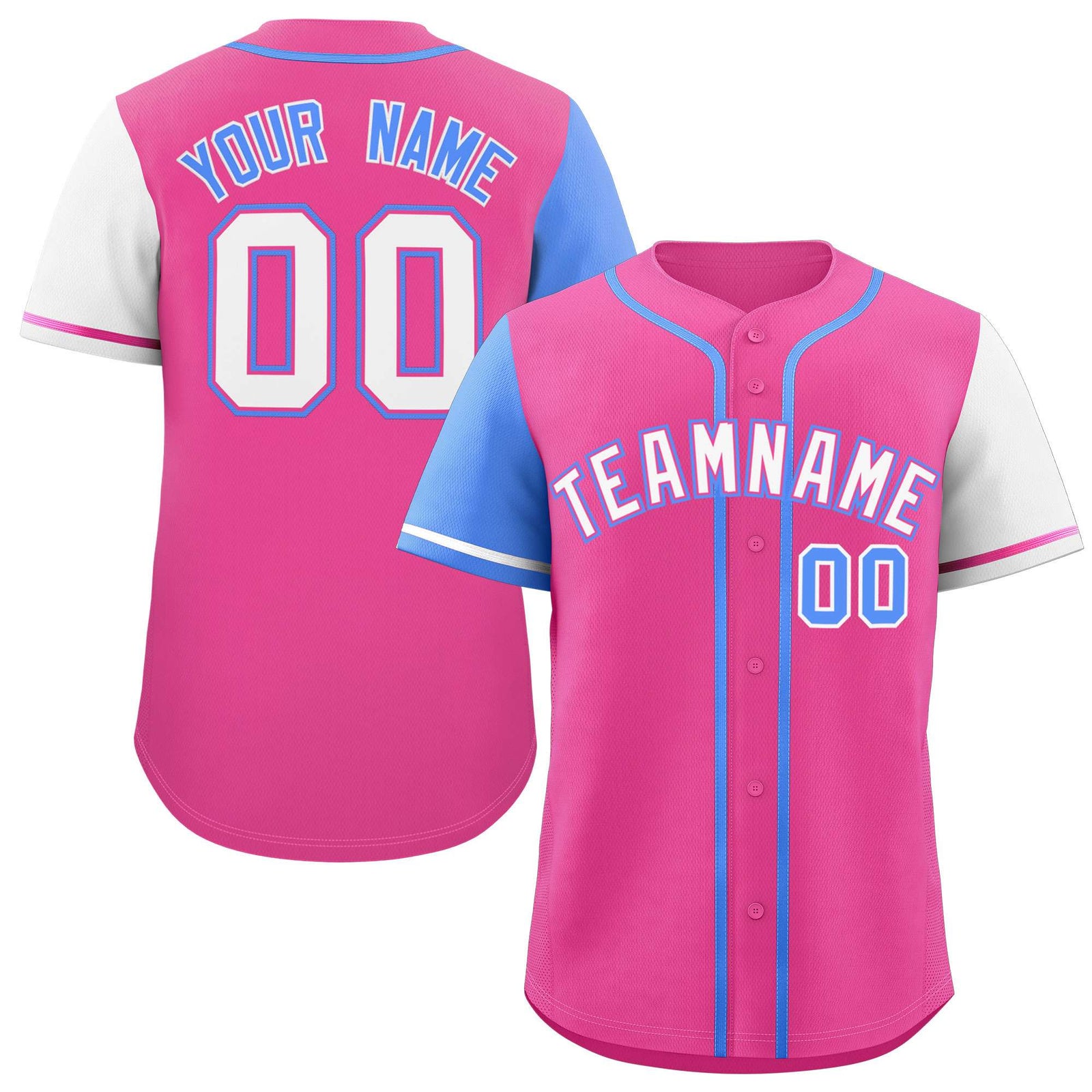 Custom Pink Powder Blue and White Raglan Sleeves Authentic Baseball Jersey