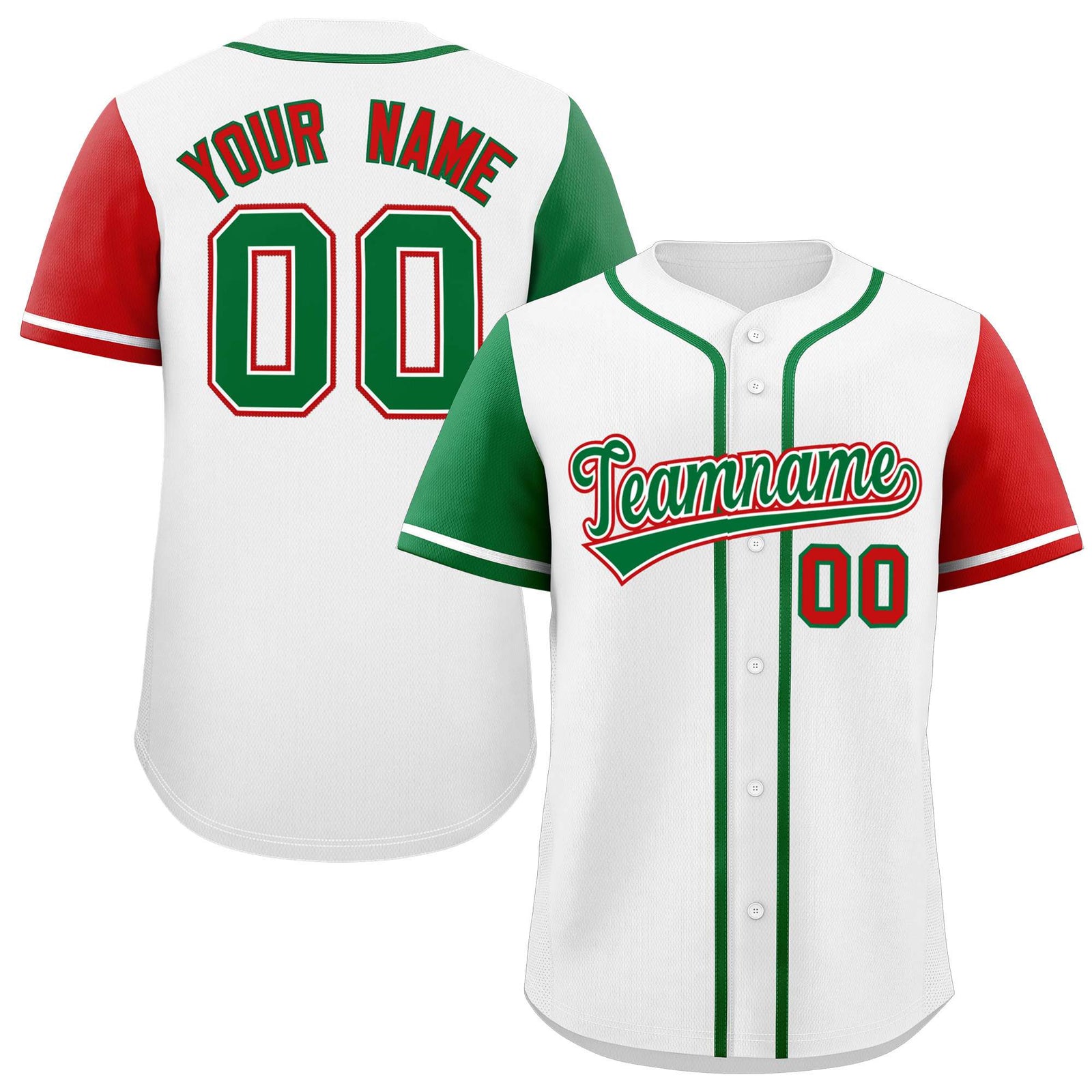 Custom White Kelly Green and Red Raglan Sleeves Authentic Baseball Jersey